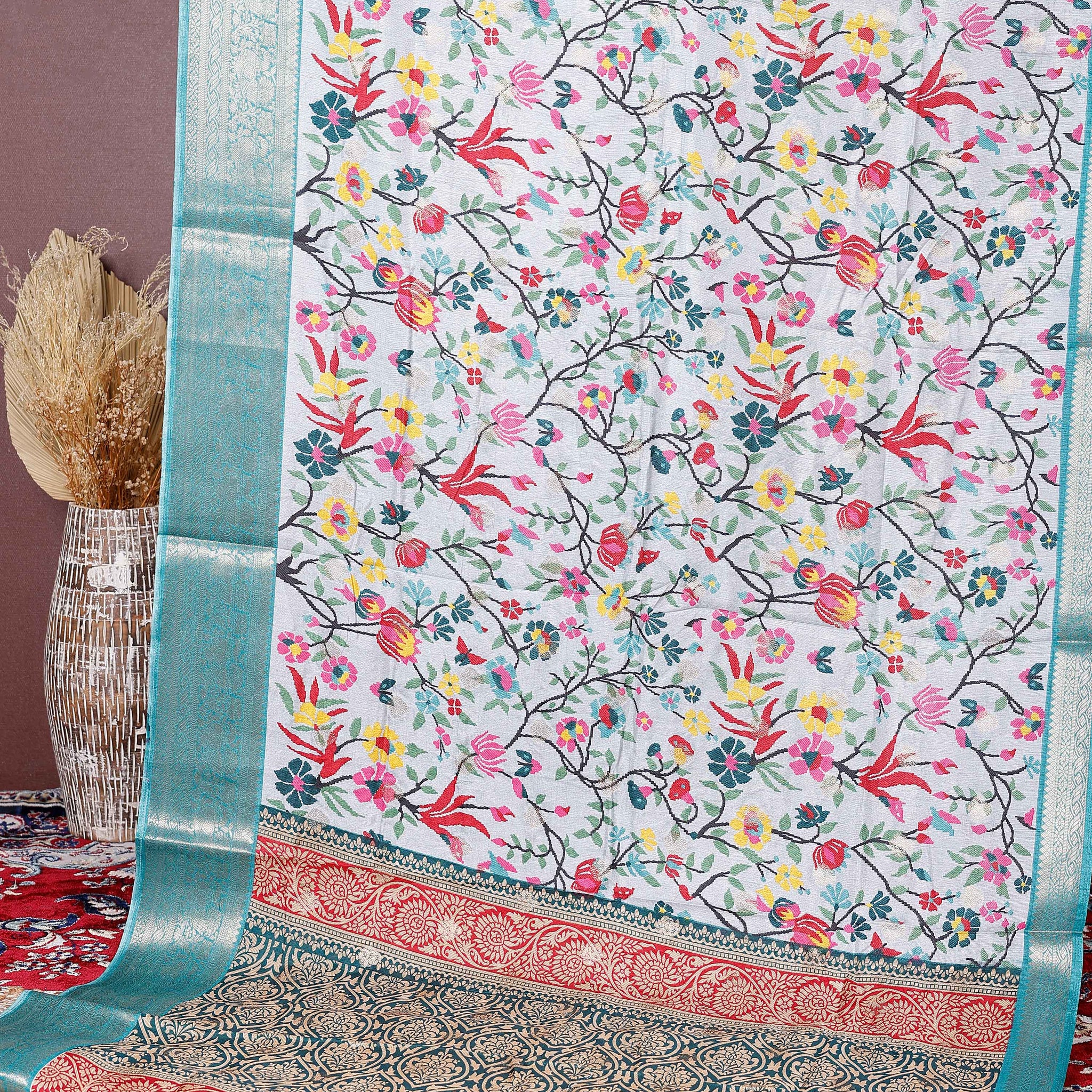 Elegant Fancy Silk Saree with All-Over Floral Weaving and Contrasting Zari Border - Multi