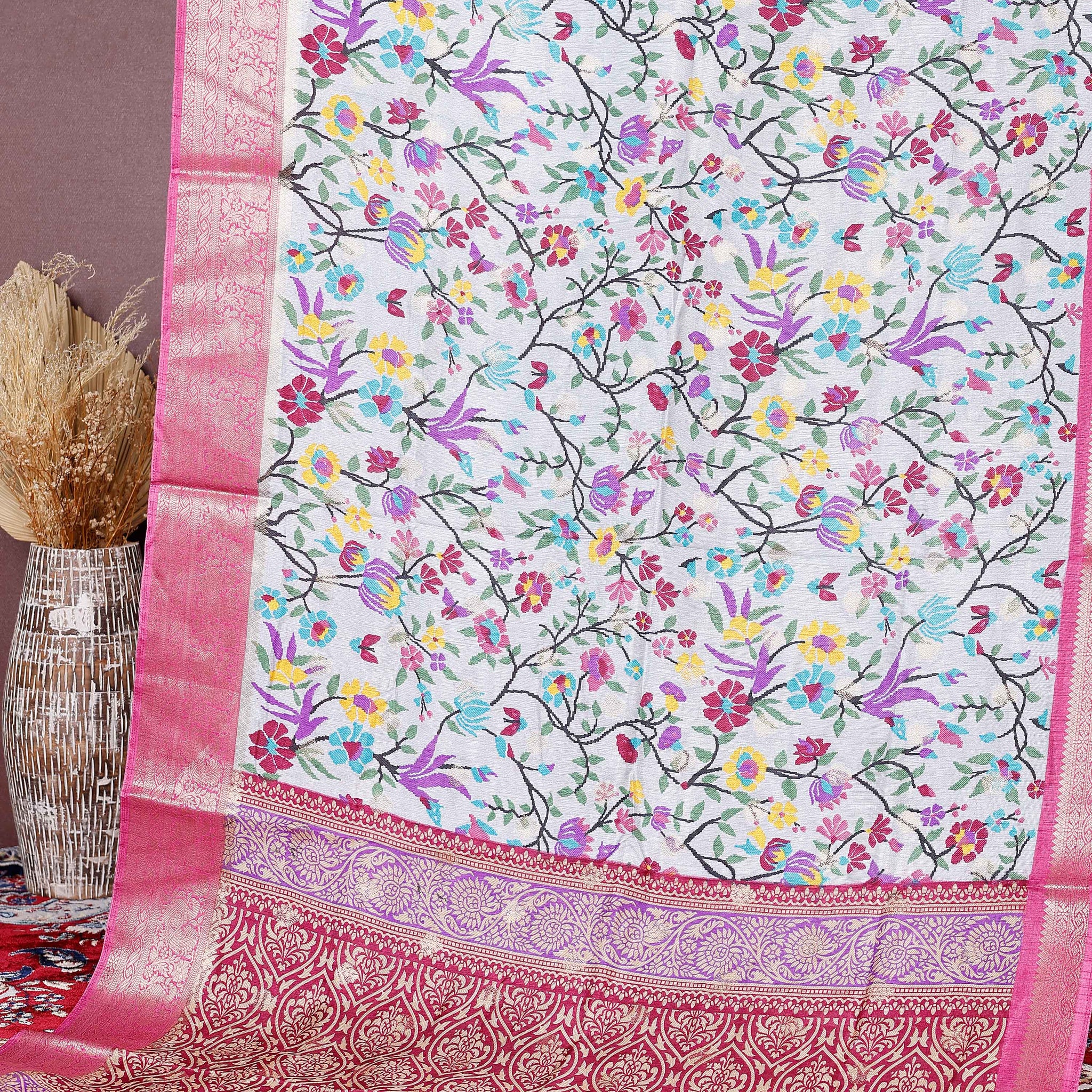 Elegant Fancy Silk Saree with All-Over Floral Weaving and Contrasting Zari Border - Multi