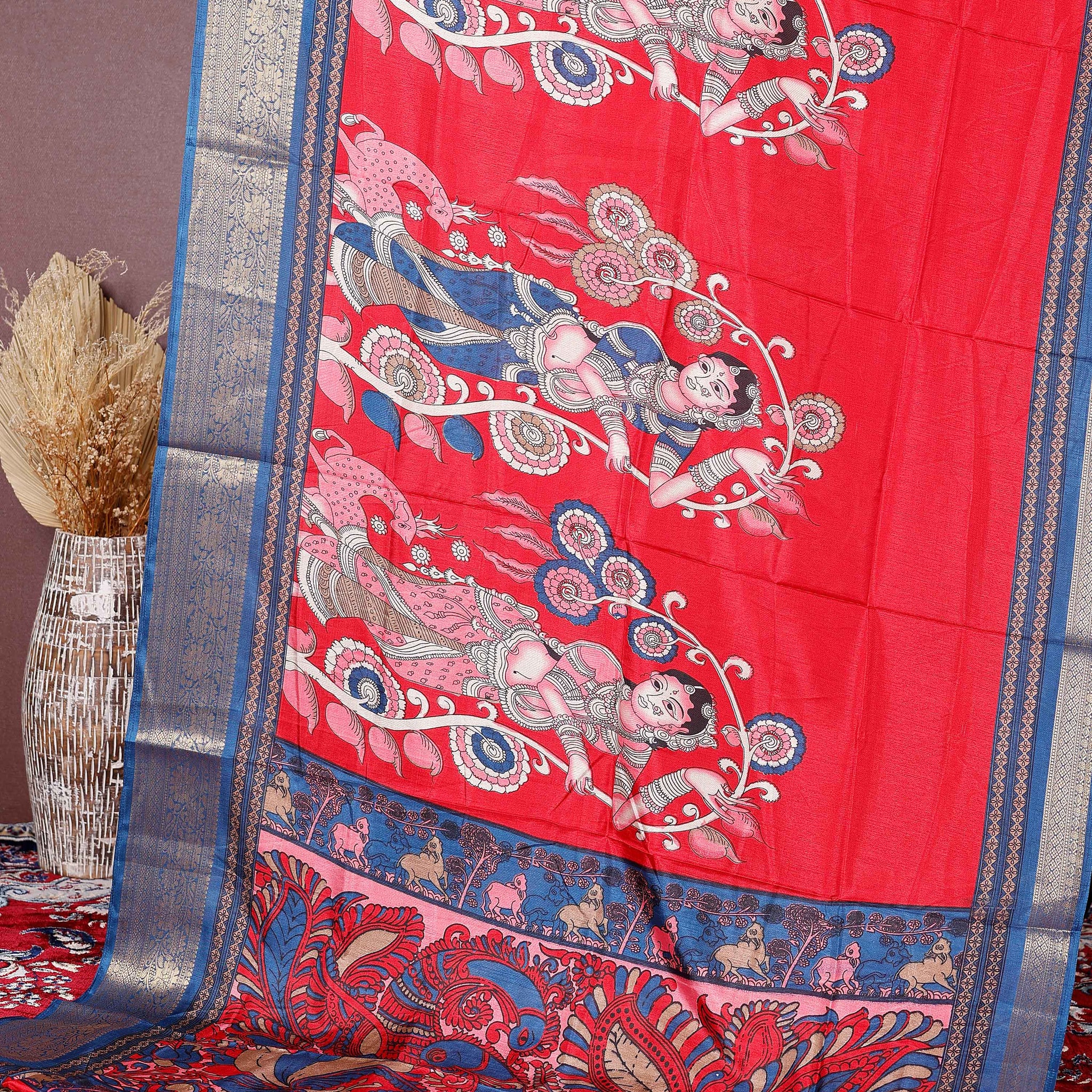 Elegant Semi Chanderi Saree with Traditional Kalamkari Handcrafted Motifs and Intricate Zari Border - Red