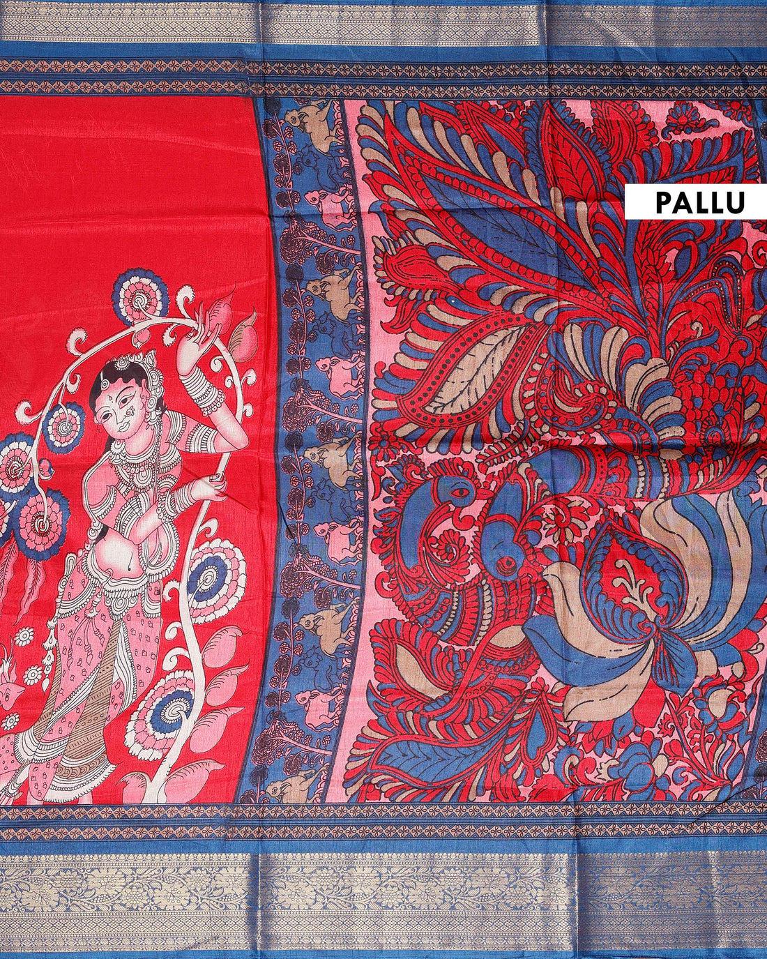 Elegant Semi Chanderi Saree with Traditional Kalamkari Handcrafted Motifs and Intricate Zari Border - Red