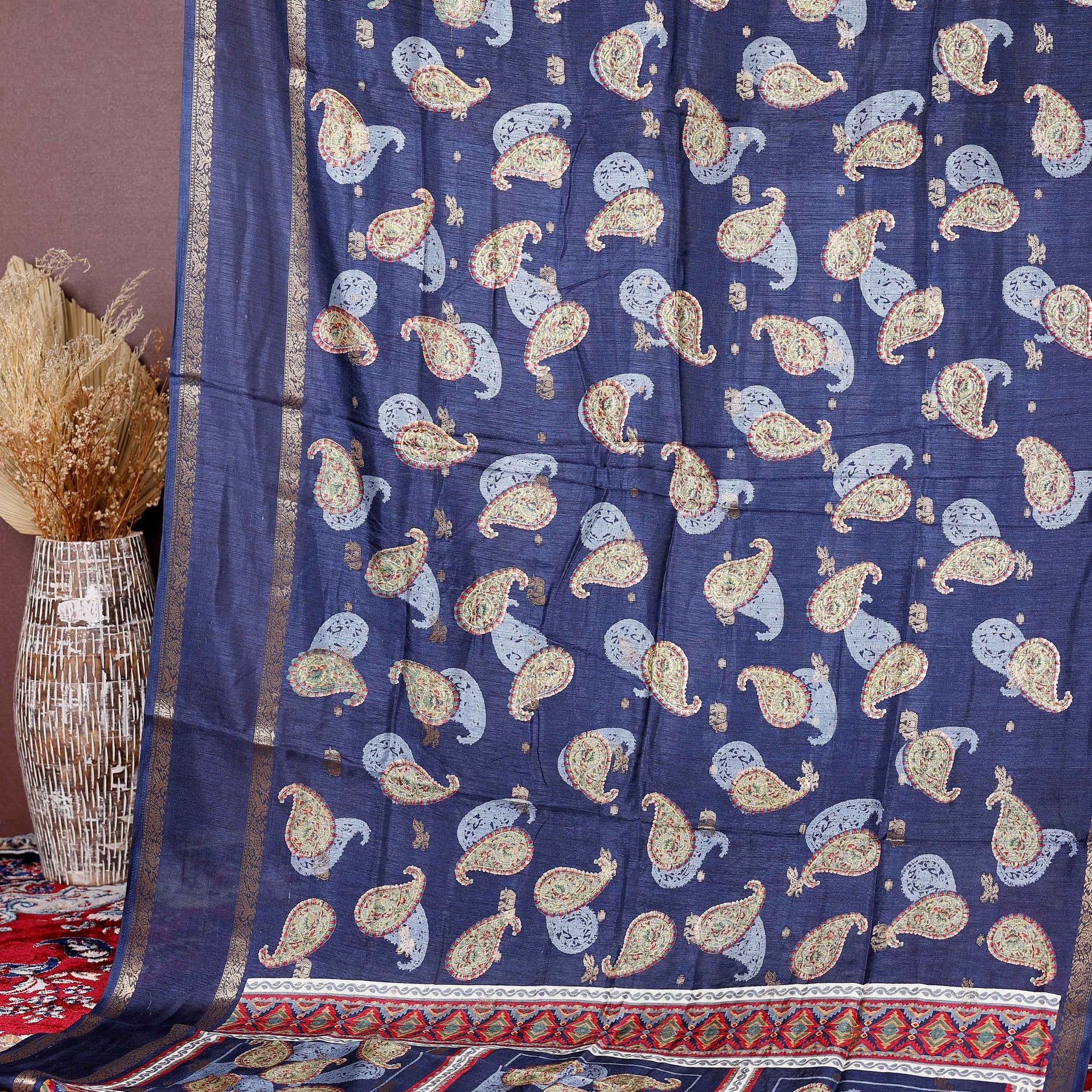 Elegant Fancy Silk Saree with All-Over Paisley Motifs and Traditional Designer Border - Navy Blue