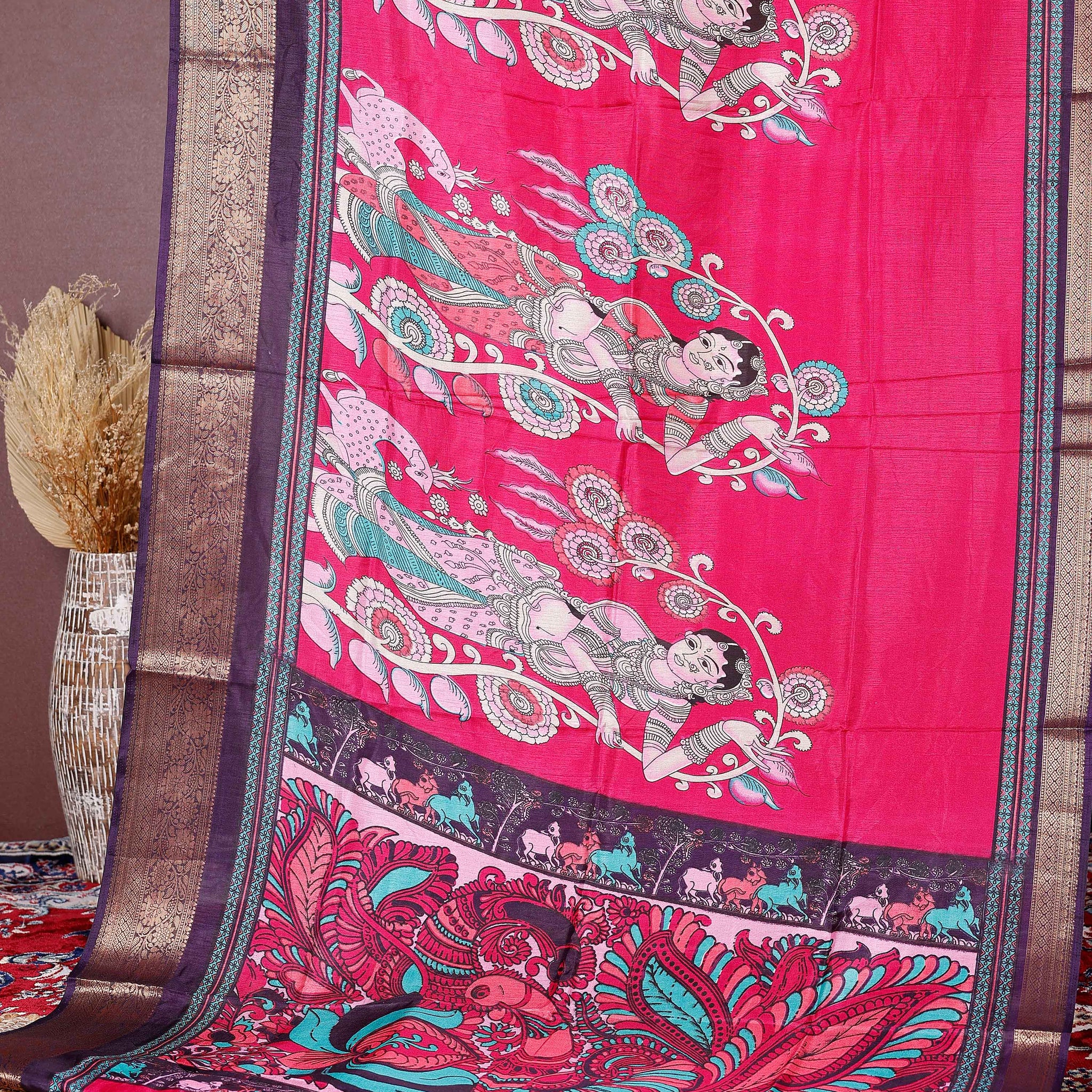 Elegant Semi Chanderi Saree with Traditional Kalamkari Handcrafted Motifs and Intricate Zari Border - Pink