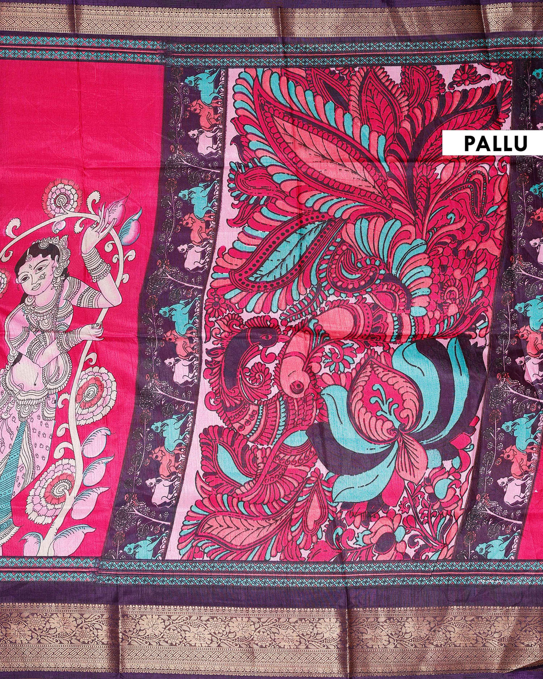 Elegant Semi Chanderi Saree with Traditional Kalamkari Handcrafted Motifs and Intricate Zari Border - Pink
