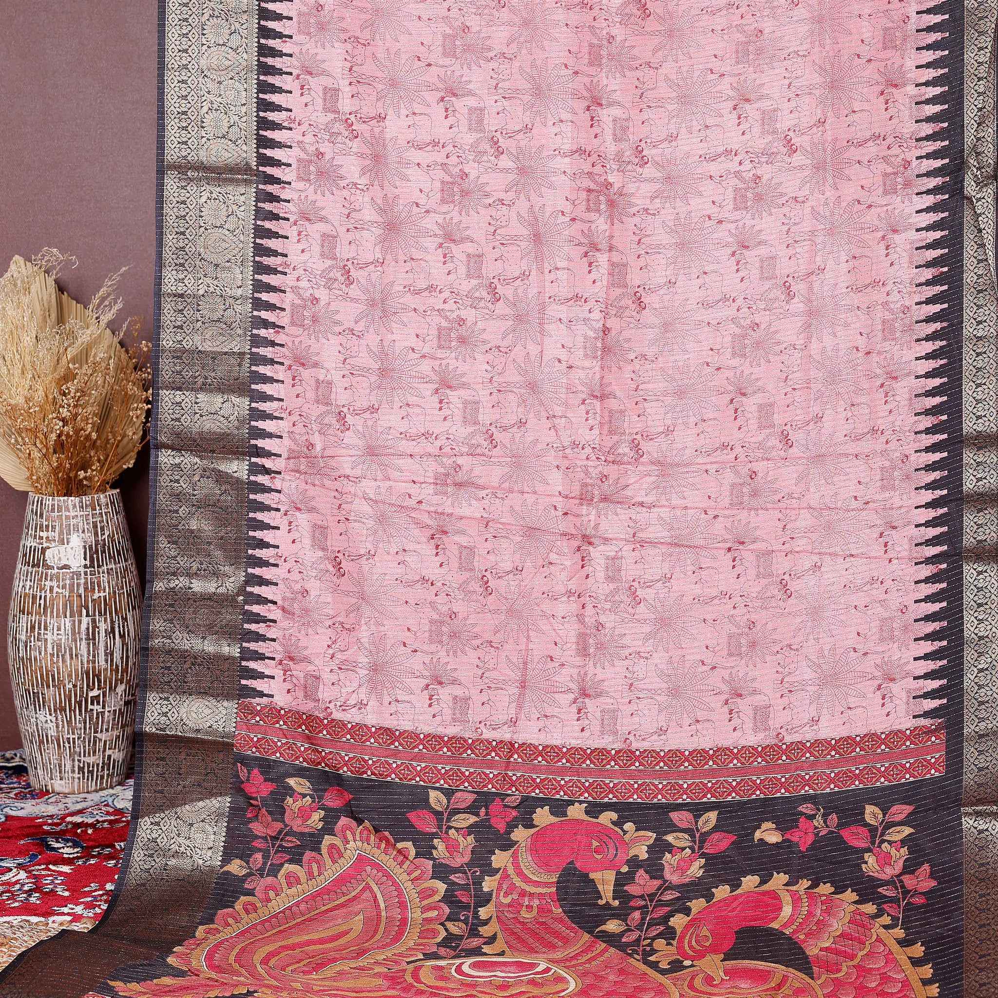 Elegant Dola Silk Saree with Elaborate Peacock and Paisley Border - Pink