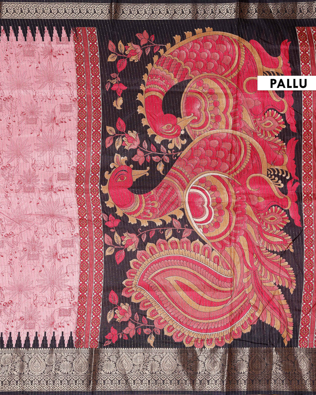 Elegant Dola Silk Saree with Elaborate Peacock and Paisley Border - Pink