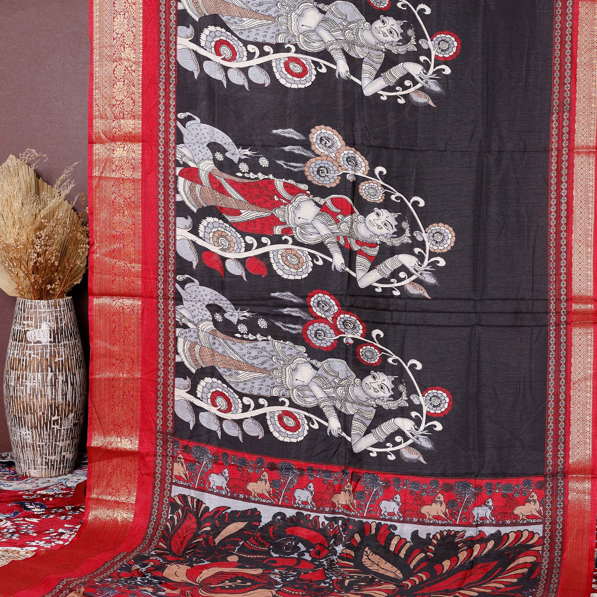 Elegant Semi Chanderi Saree with Traditional Kalamkari Handcrafted Motifs and Intricate Zari Border - Black