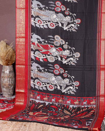 Elegant Semi Chanderi Saree with Traditional Kalamkari Handcrafted Motifs and Intricate Zari Border - Black