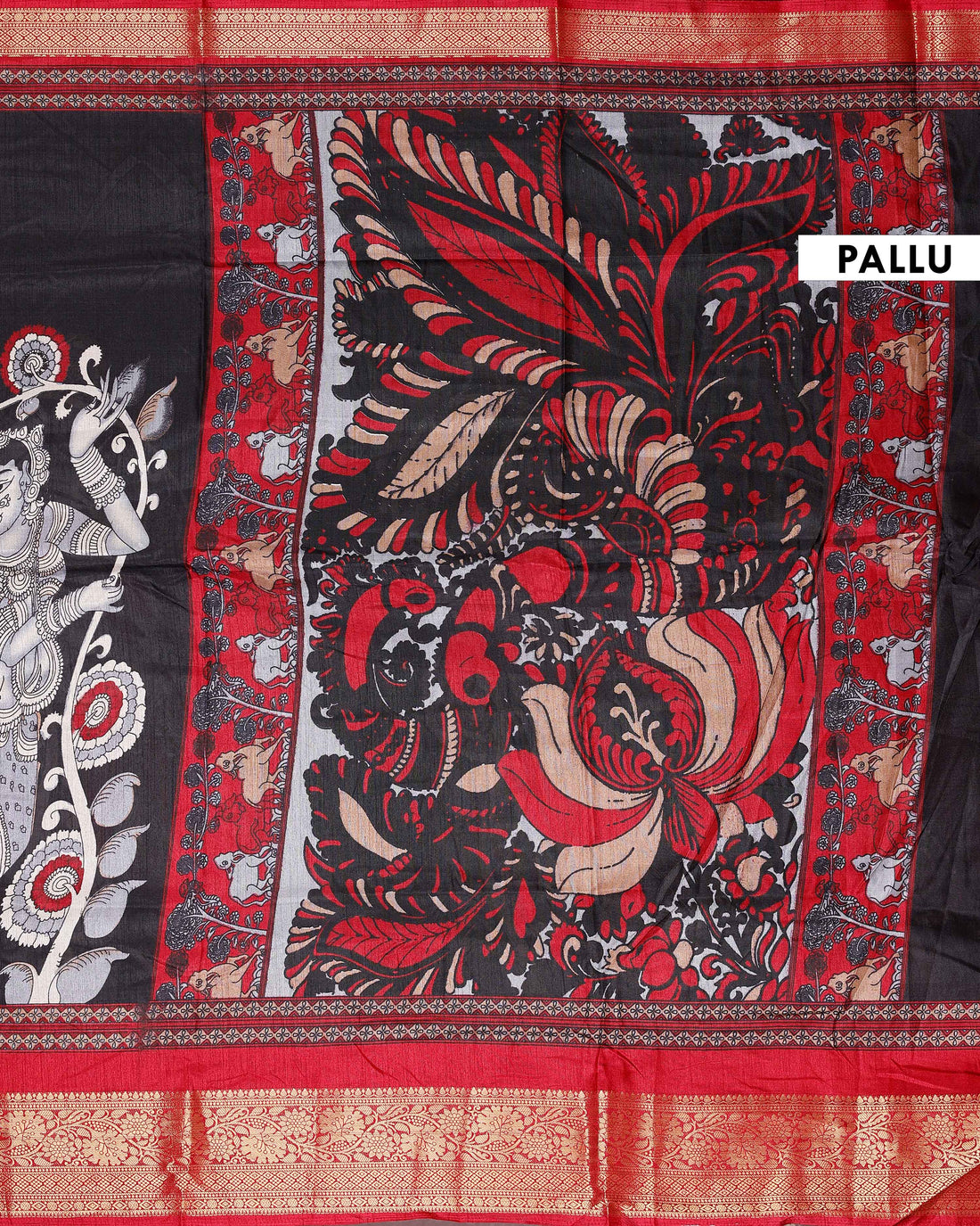 Elegant Semi Chanderi Saree with Traditional Kalamkari Handcrafted Motifs and Intricate Zari Border - Black
