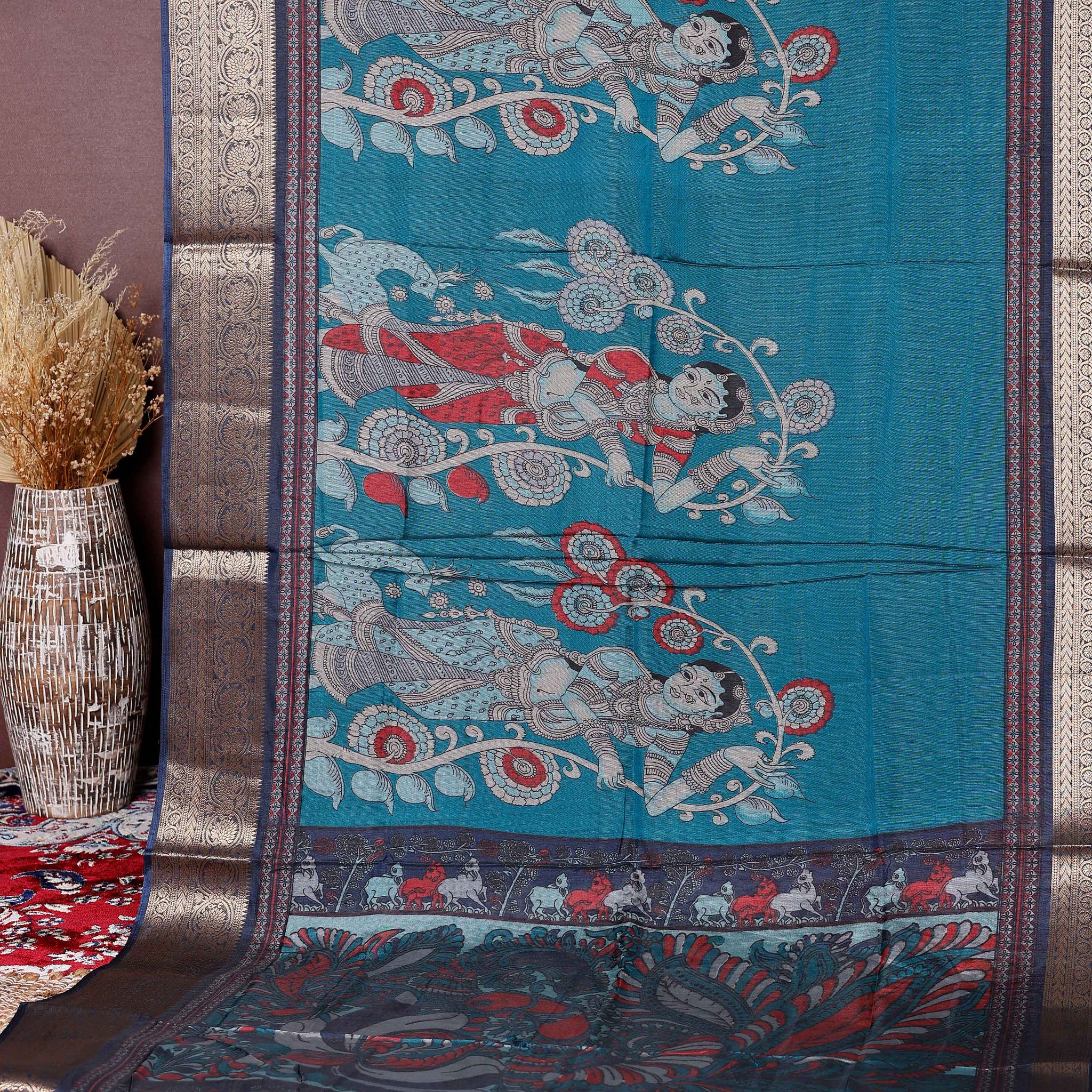 Elegant Semi Chanderi Saree with Traditional Kalamkari Handcrafted Motifs and Intricate Zari Border - Blue