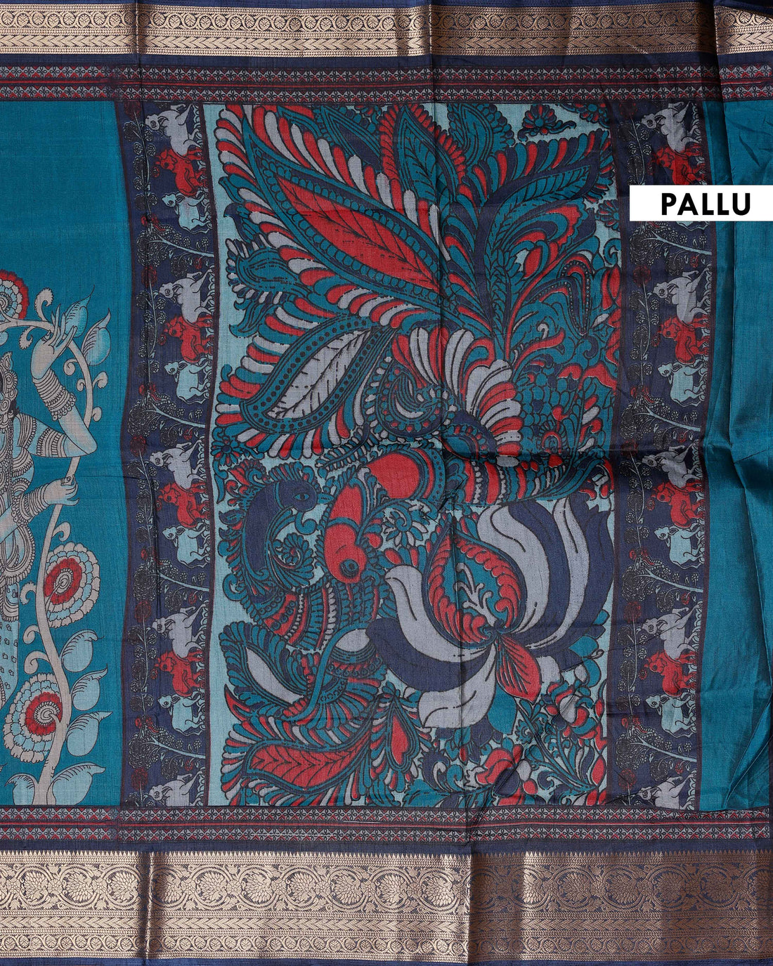 Elegant Semi Chanderi Saree with Traditional Kalamkari Handcrafted Motifs and Intricate Zari Border - Blue
