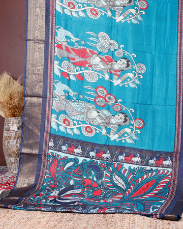 Elegant Semi Chanderi Saree with Traditional Kalamkari Handcrafted Motifs and Intricate Zari Border - Blue