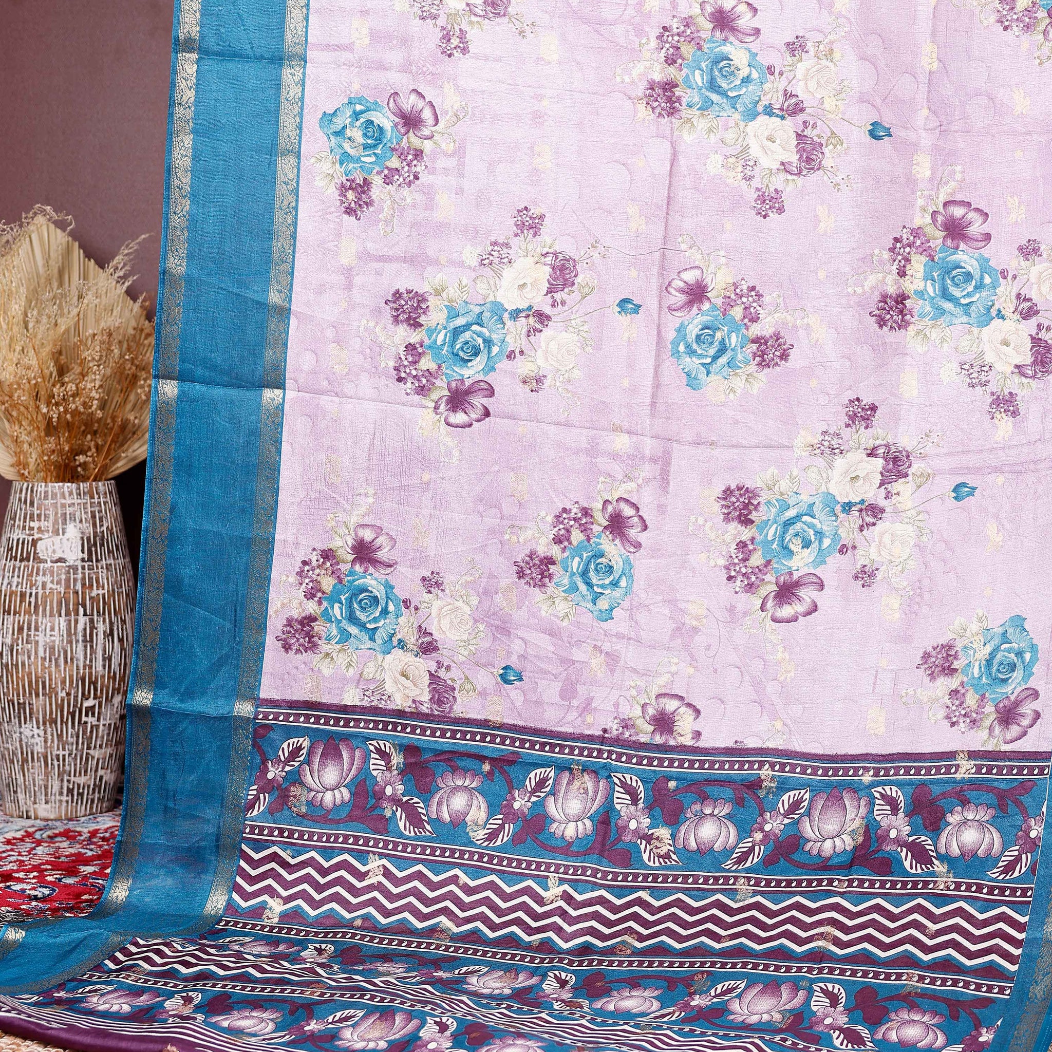 Elegant Fancy Silk Saree with Rose Floral Prints and Ornamental Designer Border - Pink