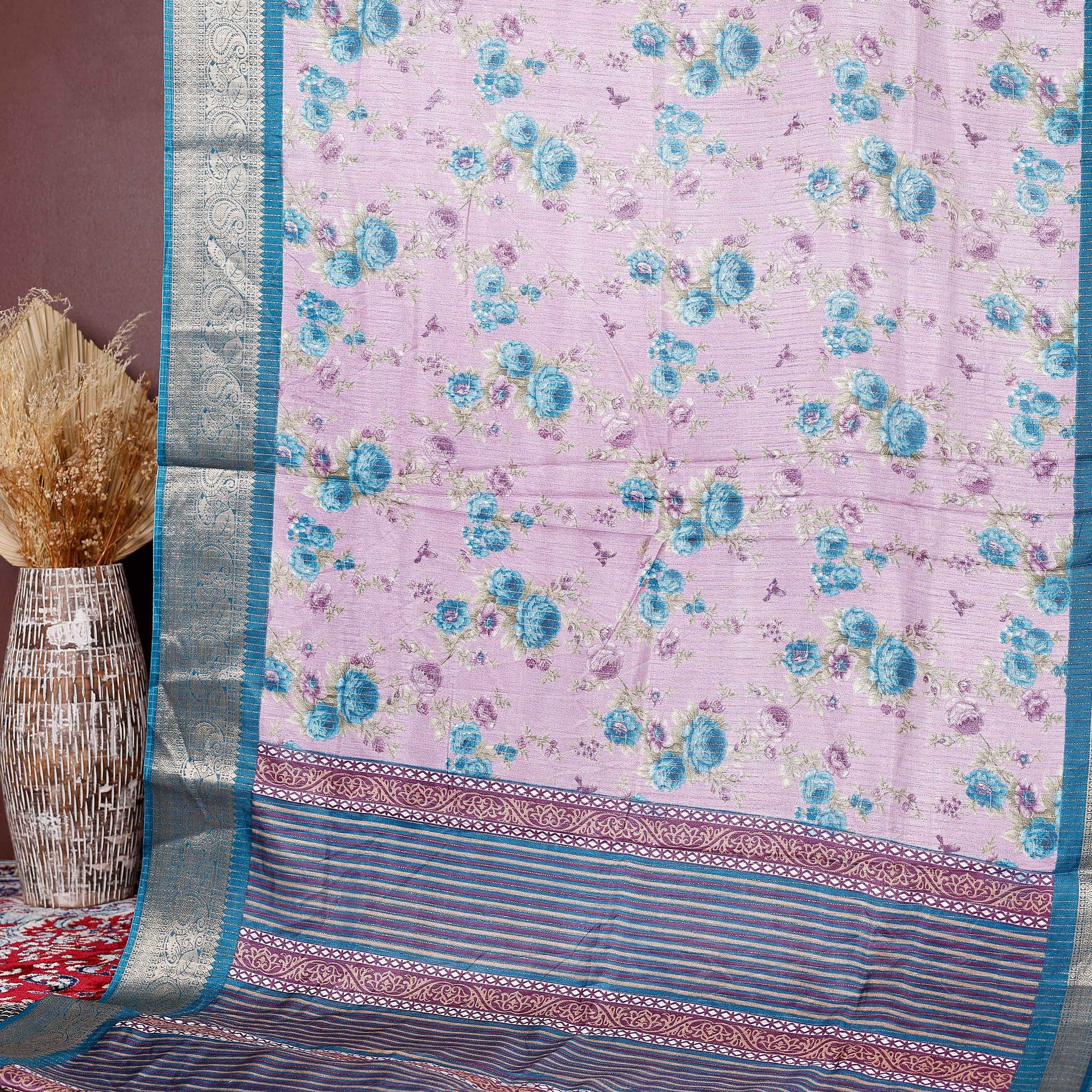 Elegant Dola Silk Saree with Intricate Floral Digital Print and Contrasting Woven Border - Lavender