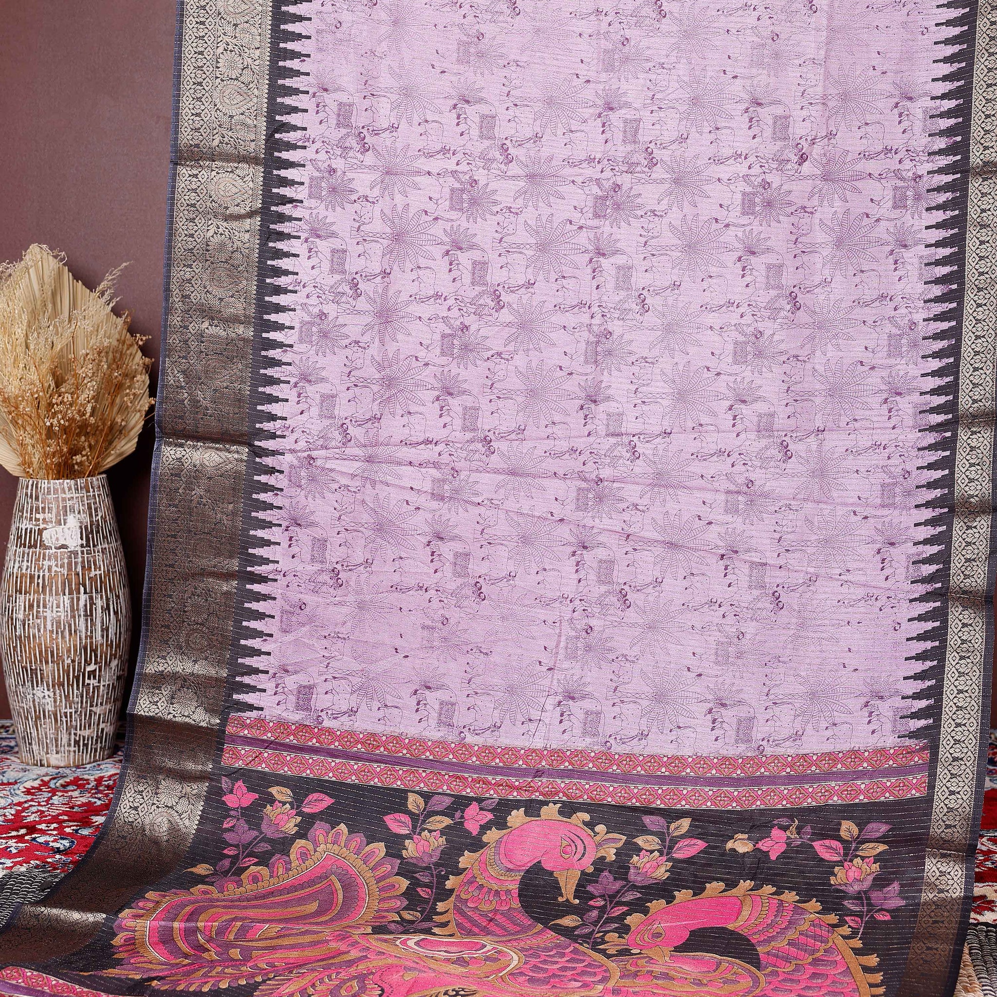 Elegant Dola Silk Saree with Elaborate Peacock and Paisley Border - Lavender