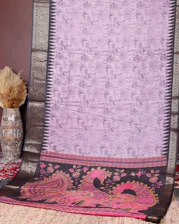 Elegant Dola Silk Saree with Elaborate Peacock and Paisley Border - Lavender