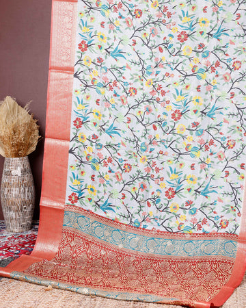 Elegant Fancy Silk Saree with All-Over Floral Weaving and Contrasting Zari Border - Multi