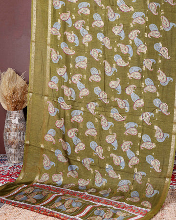 Elegant Fancy Silk Saree with All-Over Paisley Motifs and Traditional Designer Border - Green