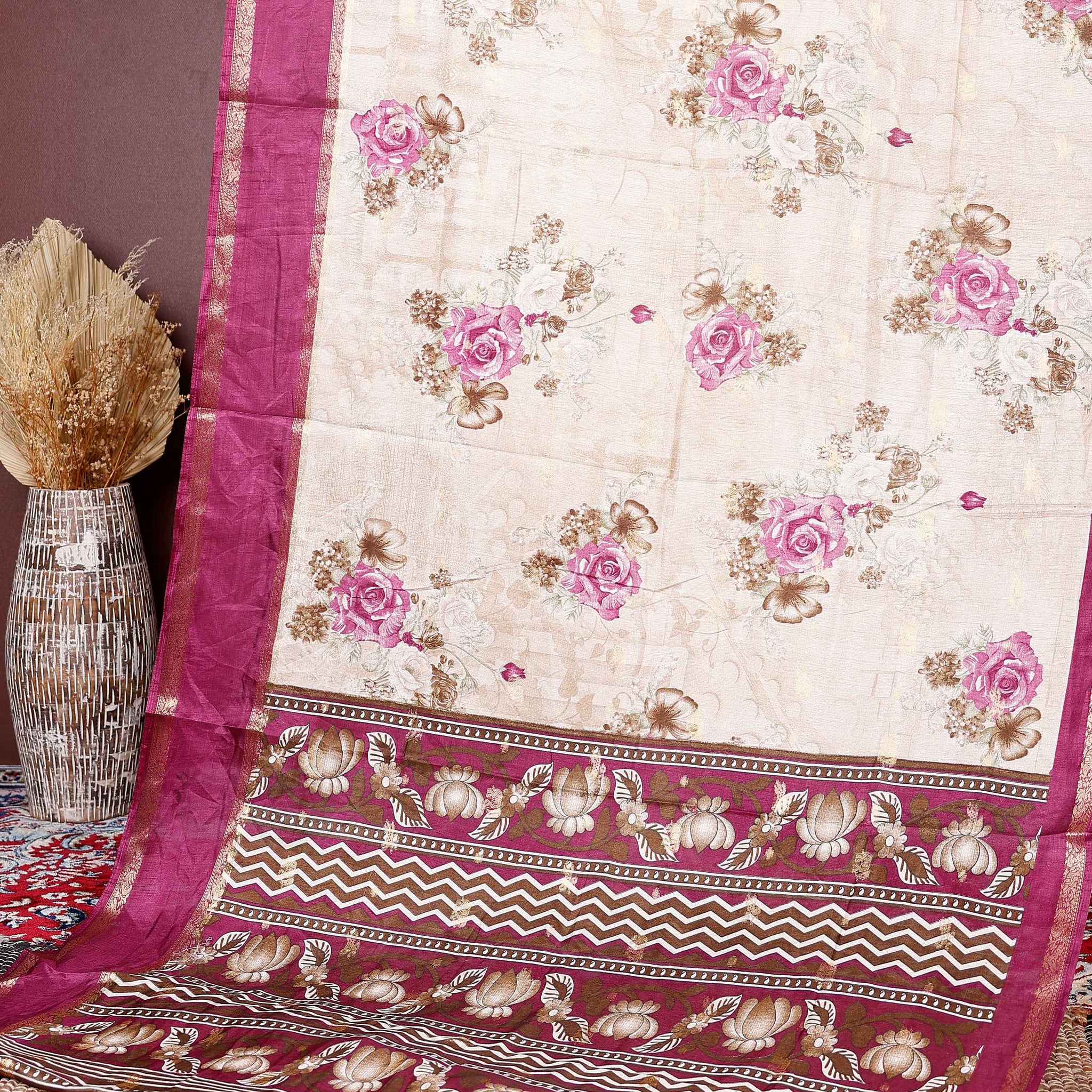 Elegant Fancy Silk Saree with Rose Floral Prints and Ornamental Designer Border - Sandal