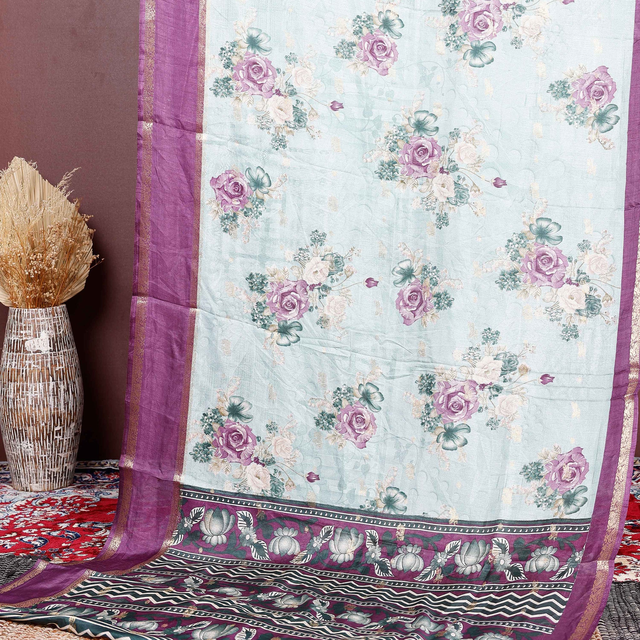 Elegant Fancy Silk Saree with Rose Floral Prints and Ornamental Designer Border - Green