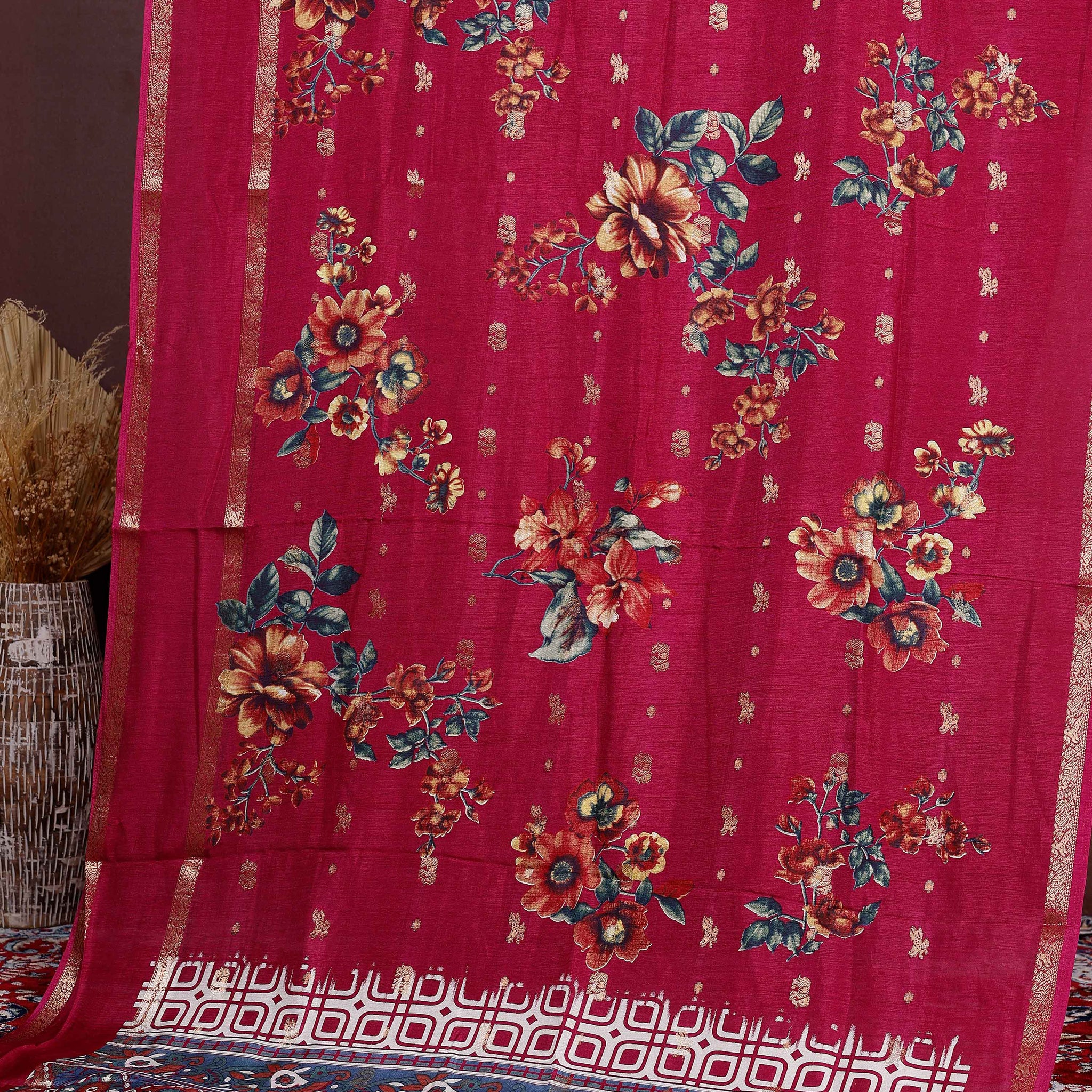 Graceful Fancy Silk Saree with Bold Floral Prints and Elegant Zari Border - Magenta