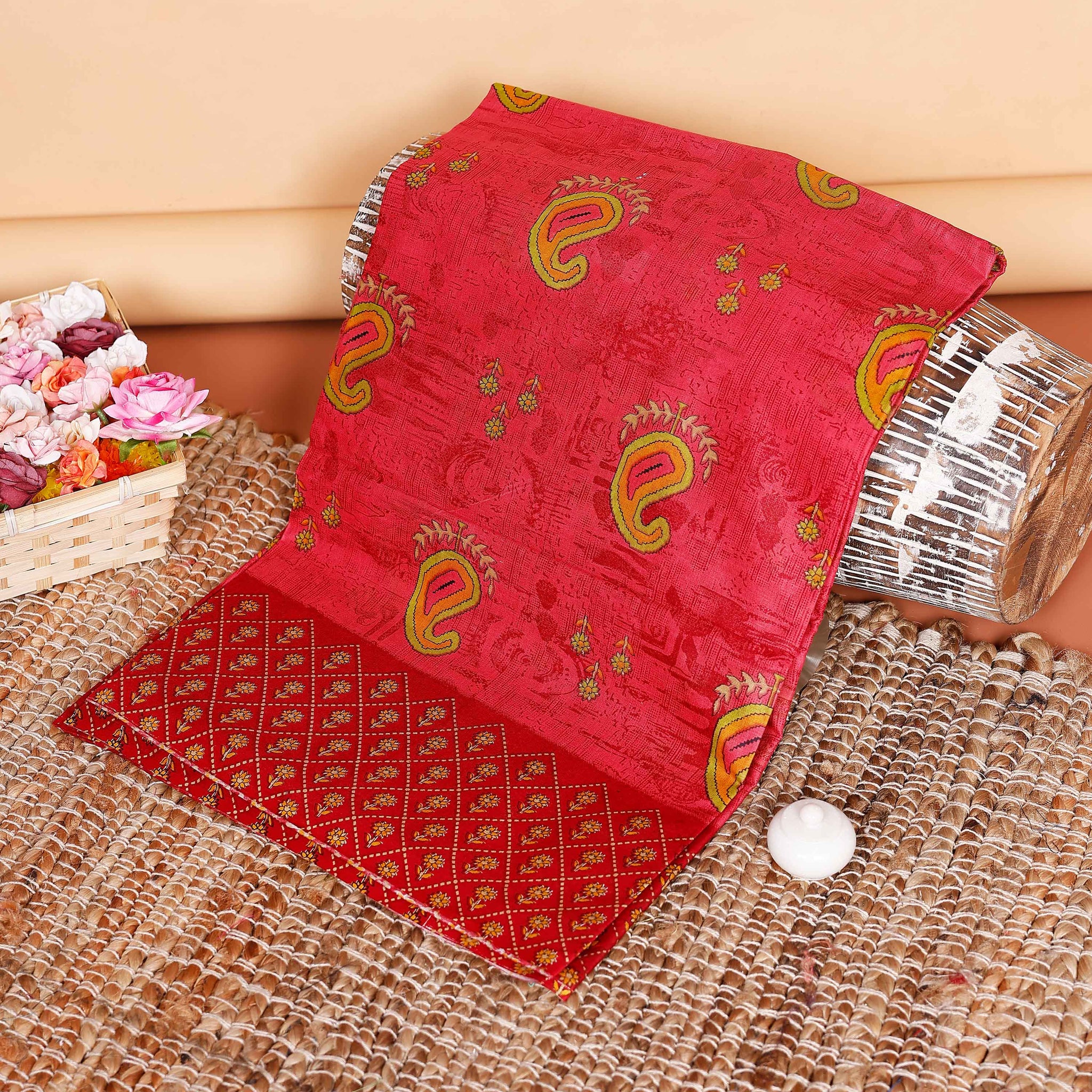 Graceful Paisley Printed Voile Cotton Saree with Geometric Border - Red