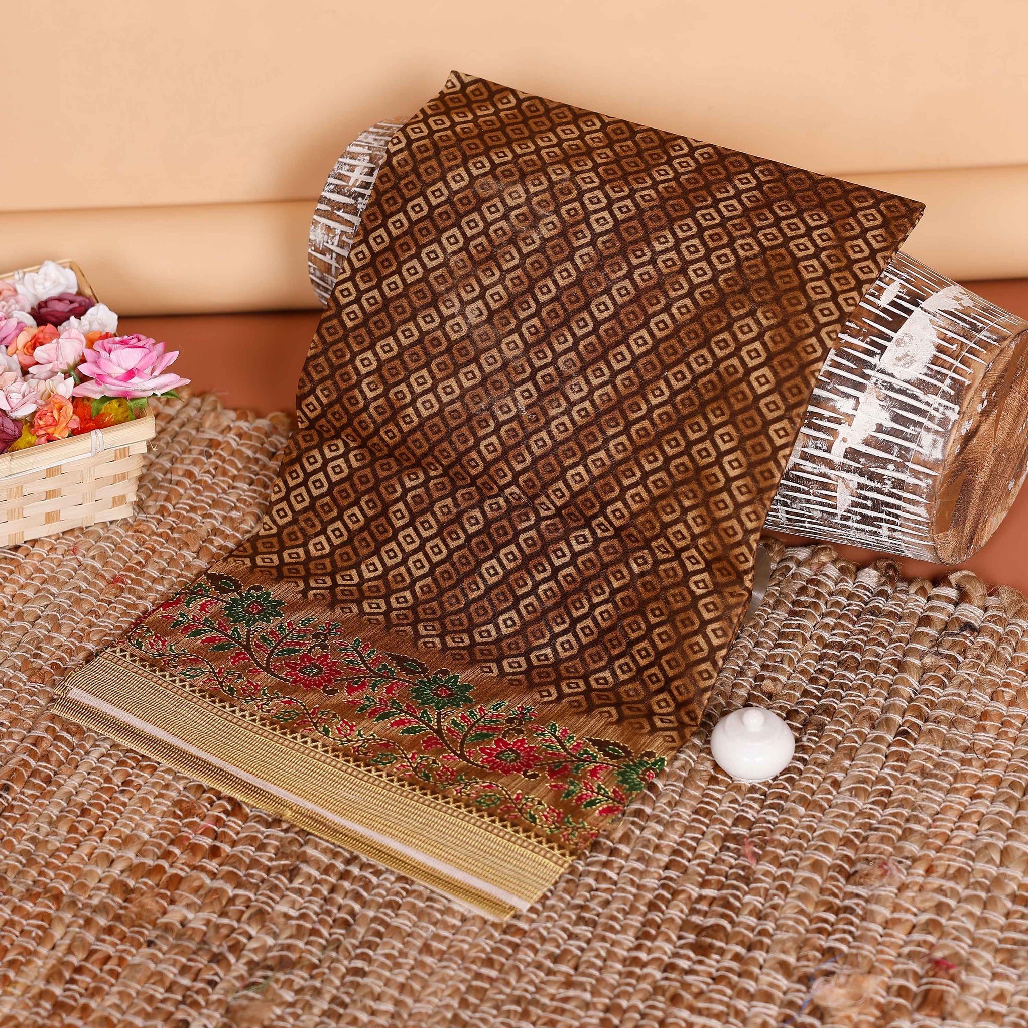 Graceful Voile Cotton Saree with Geometric Body Pattern and Floral Border Design - Brown