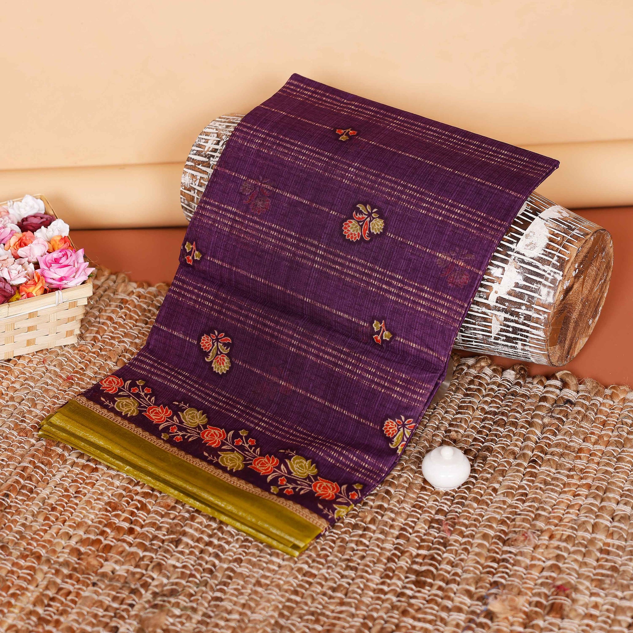 Graceful Voile Cotton Saree with Floral Border and Woven Buti Motifs - Purple