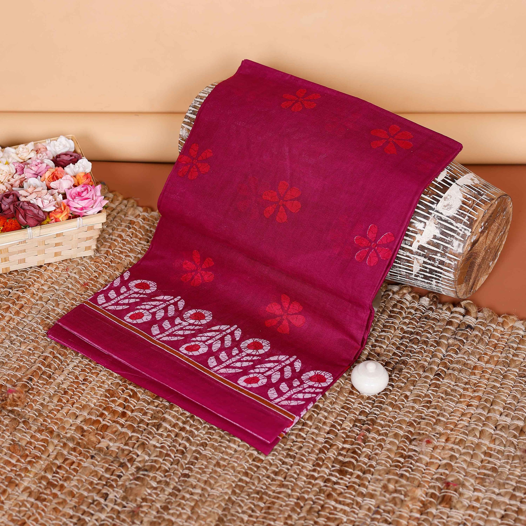 Graceful Voile Cotton Saree with Intricate Batik Print Border and Pallu - Dark Pink
