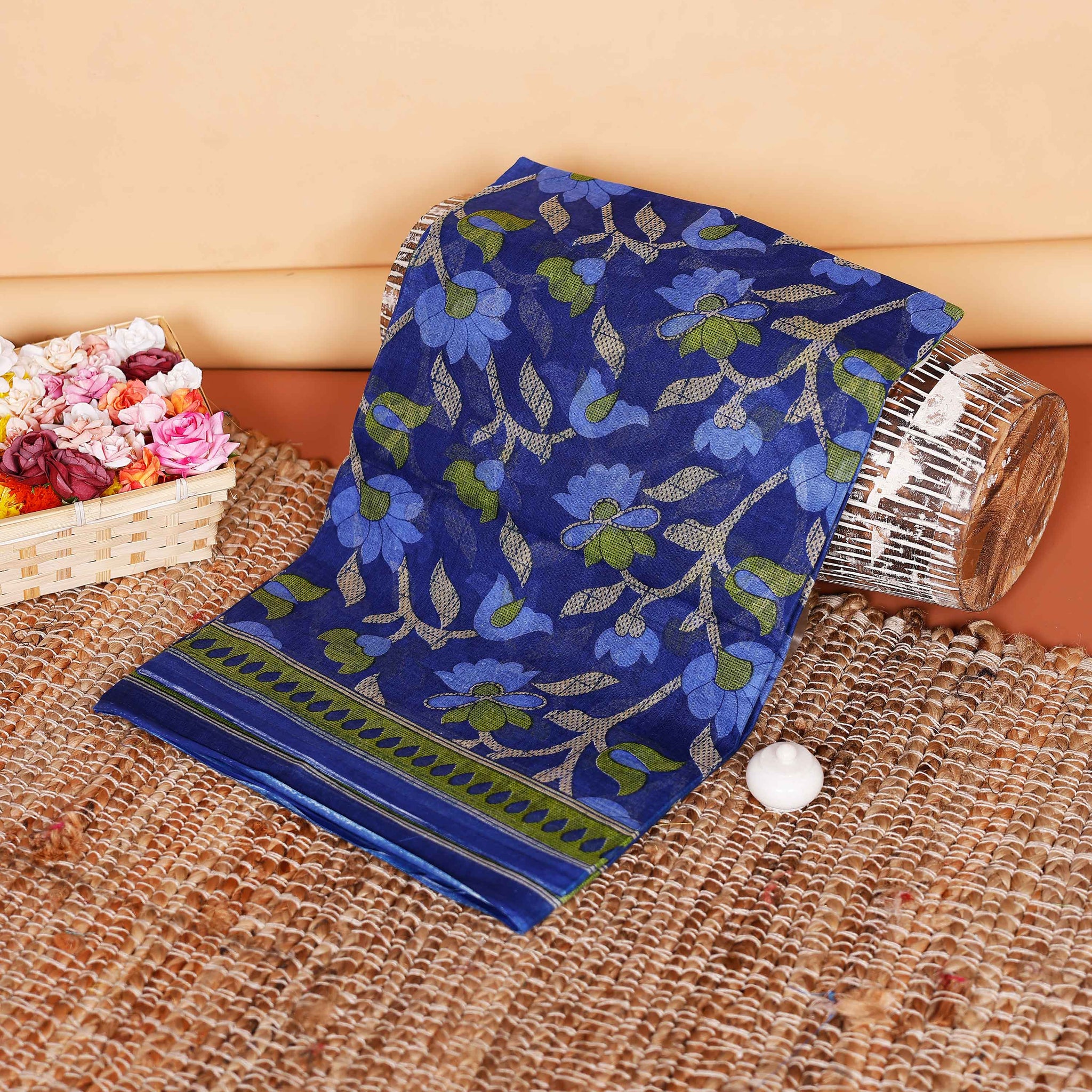 Graceful Floral Printed Voile Cotton Daily Wear Saree with Contrast Border - Blue