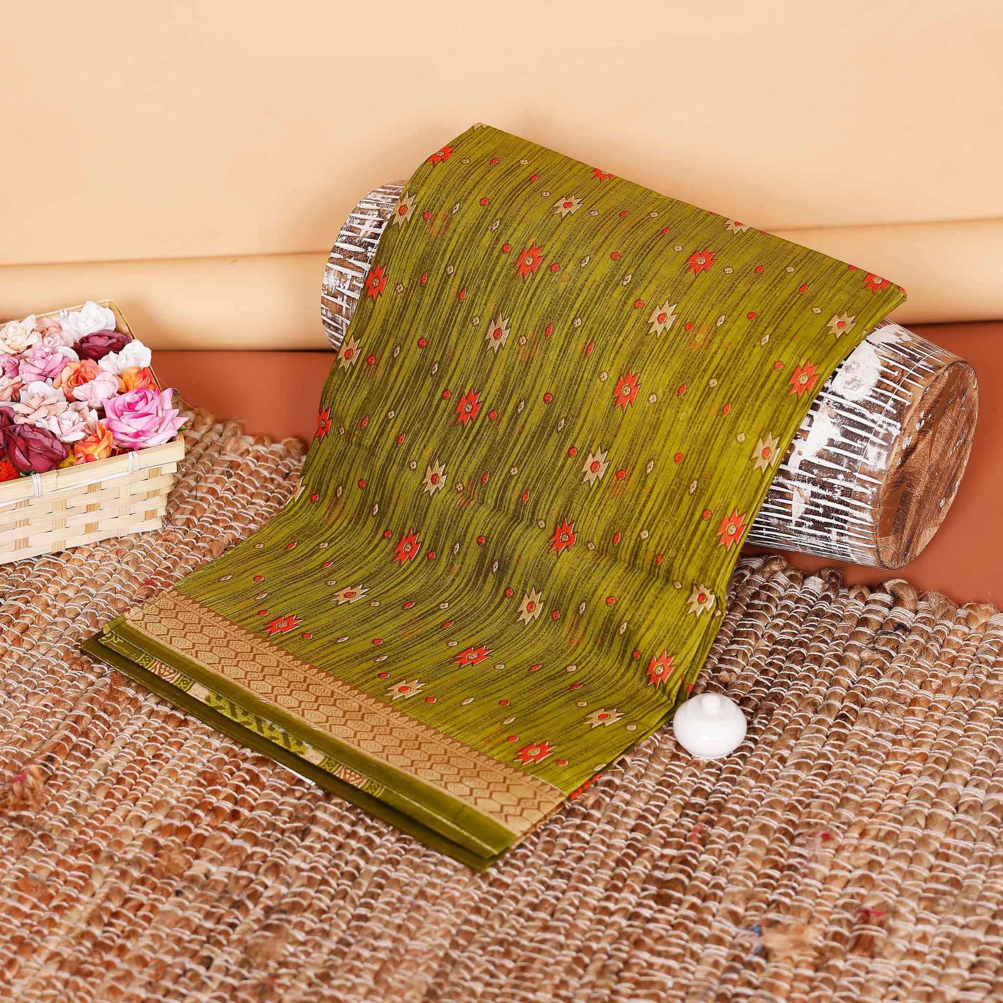 Graceful Floral Patterned Voile Cotton Saree with Zari Border  - Green