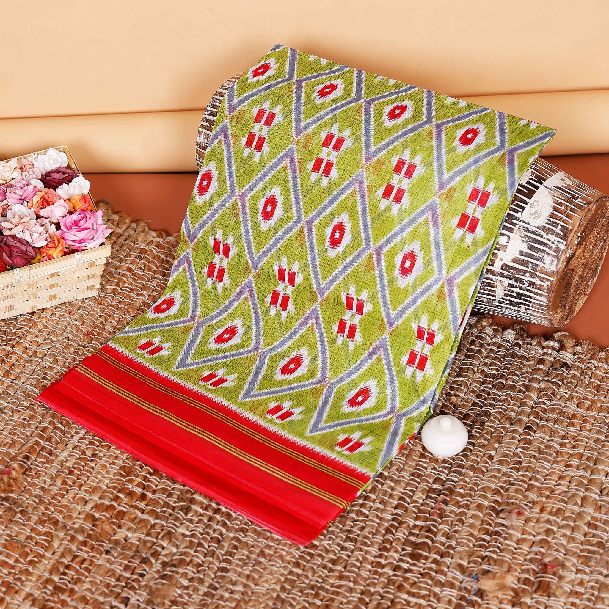 Graceful Voile Cotton Saree with Traditional Ikat Diamond and Stripe Pattern - Green