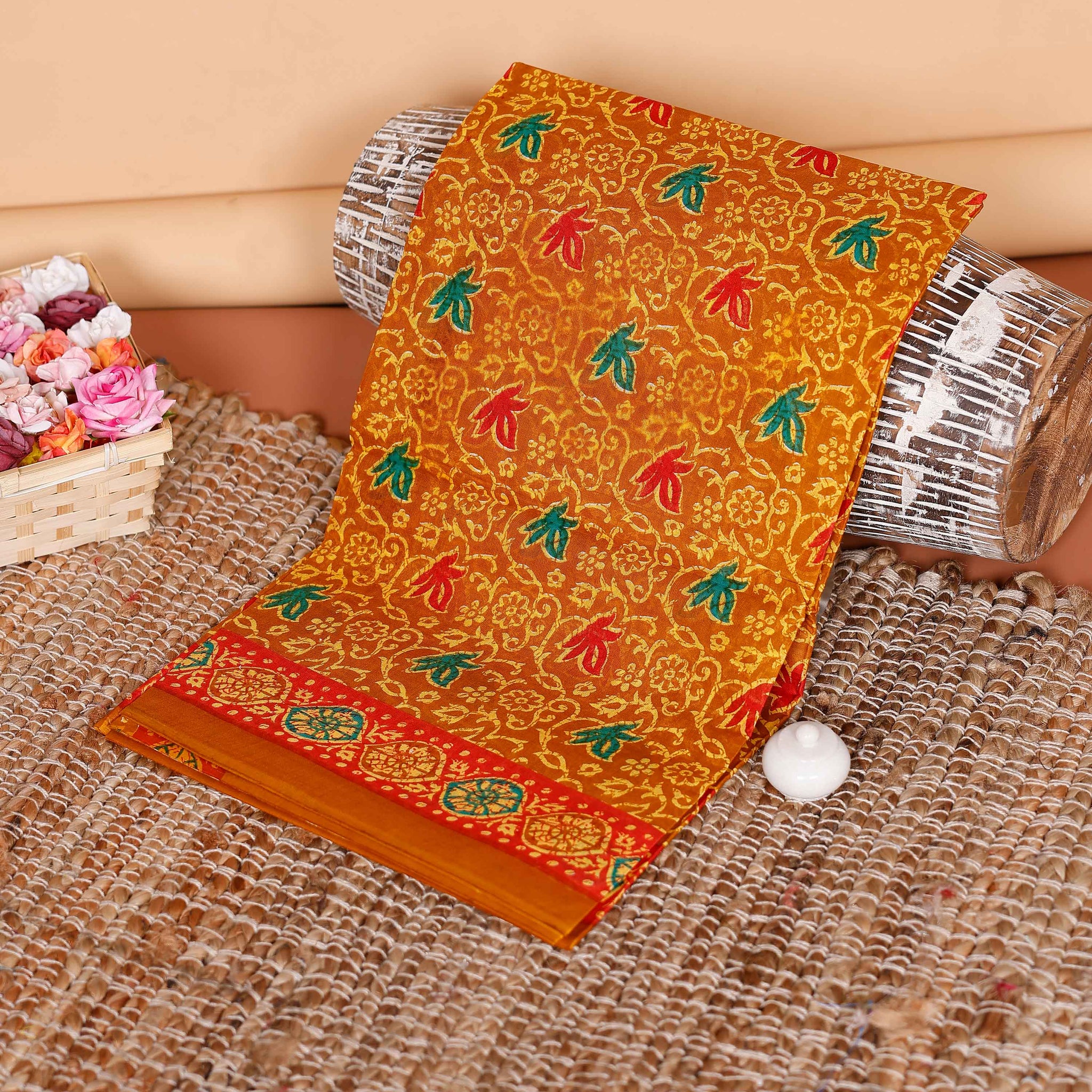 Graceful Voile Cotton Saree with Traditional Printed Motifs and Contrasting Border - Yellow