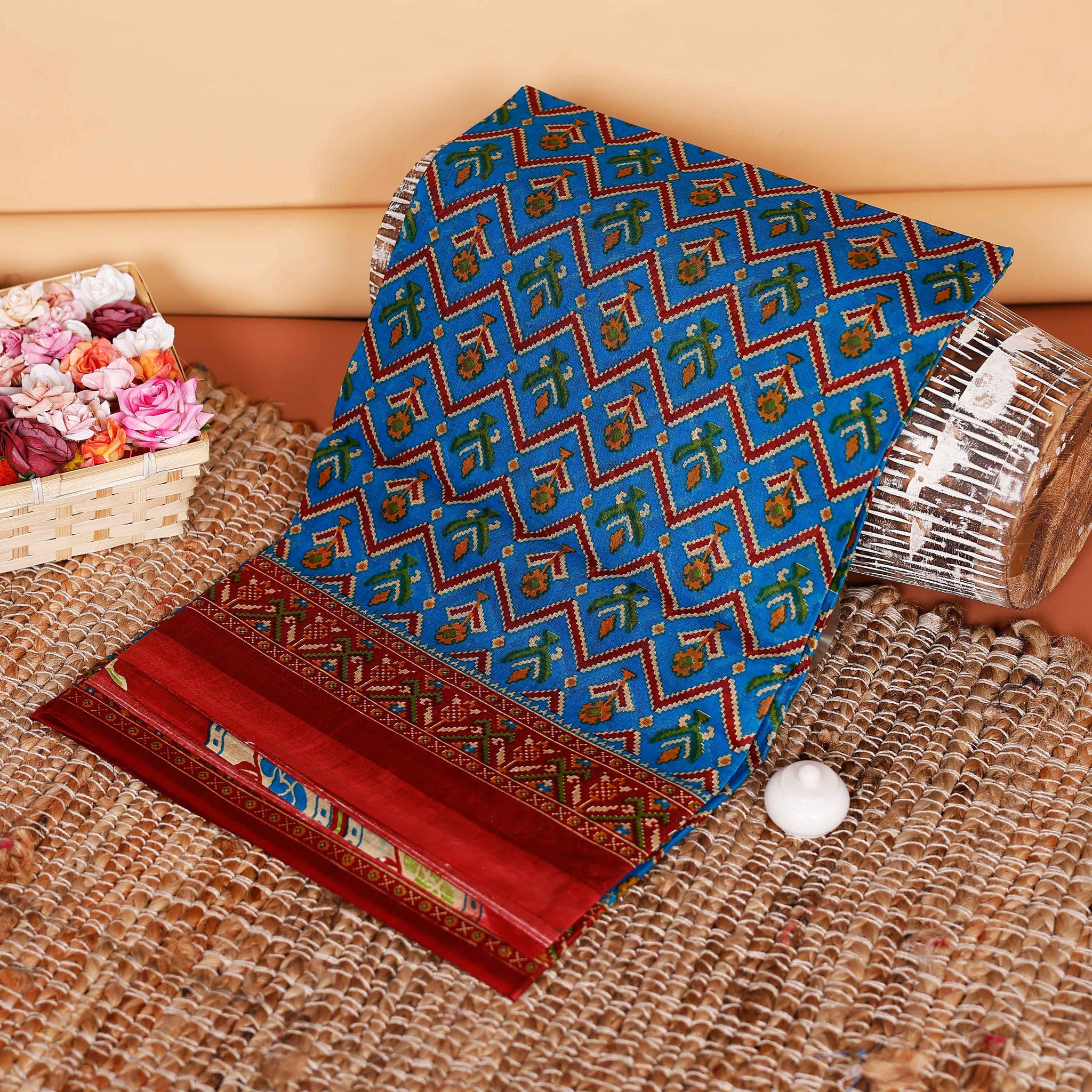 Graceful Voile Cotton Saree with Traditional Patola Ikat Print and Contrasting Border - Blue