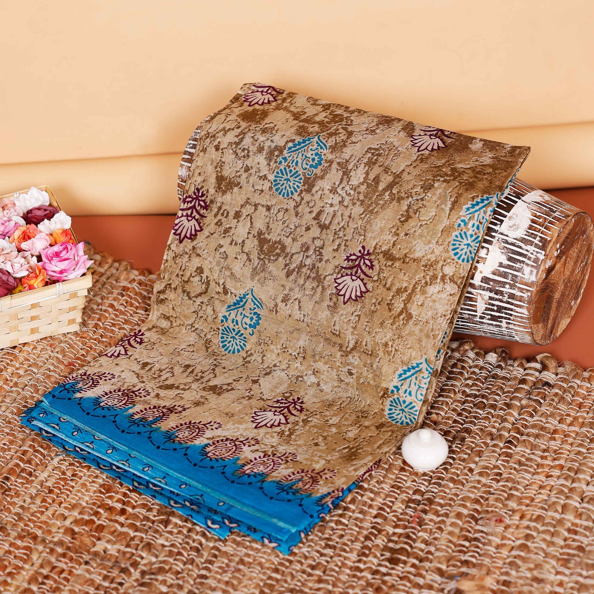 Graceful Voile Cotton Saree with Traditional Block Print Motifs and Contrasting Border - Sandal