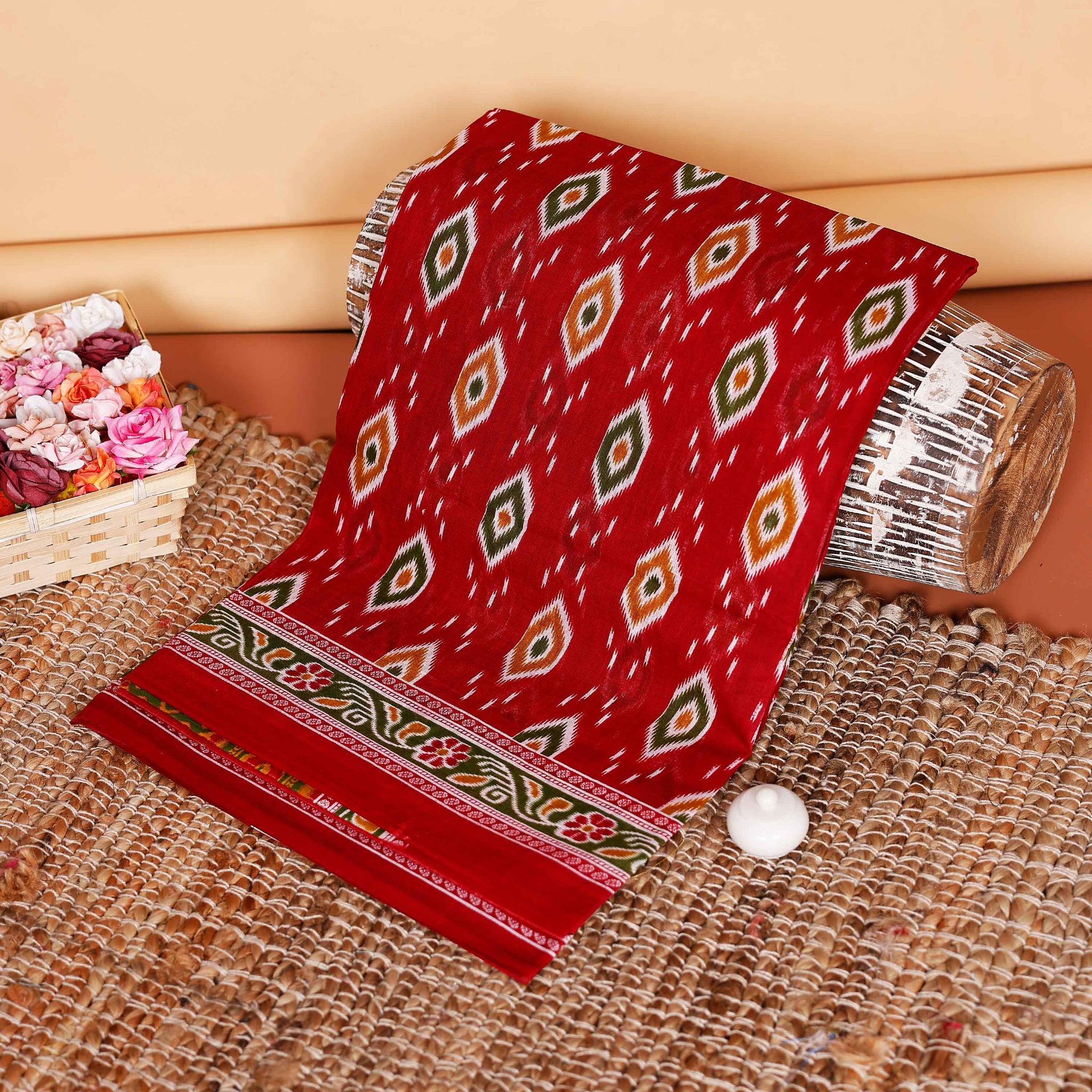 Graceful Voile Cotton Ikat Print Saree with Intricate Border Design - Red