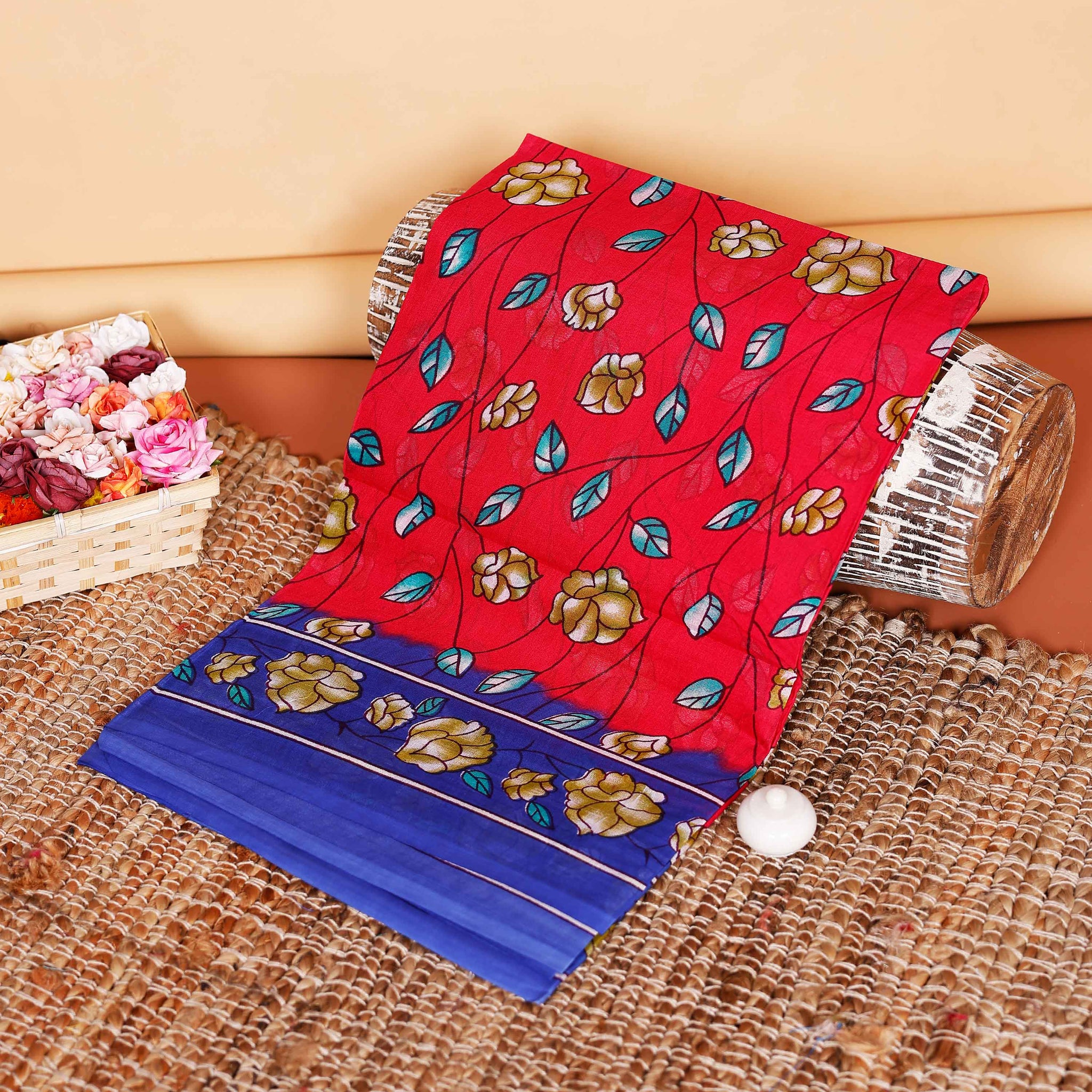 Graceful Floral Printed Voile Cotton Saree with Contrasting Border - Red