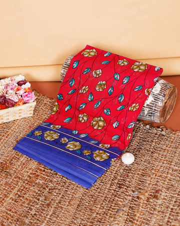 Graceful Floral Printed Voile Cotton Saree with Contrasting Border - Red