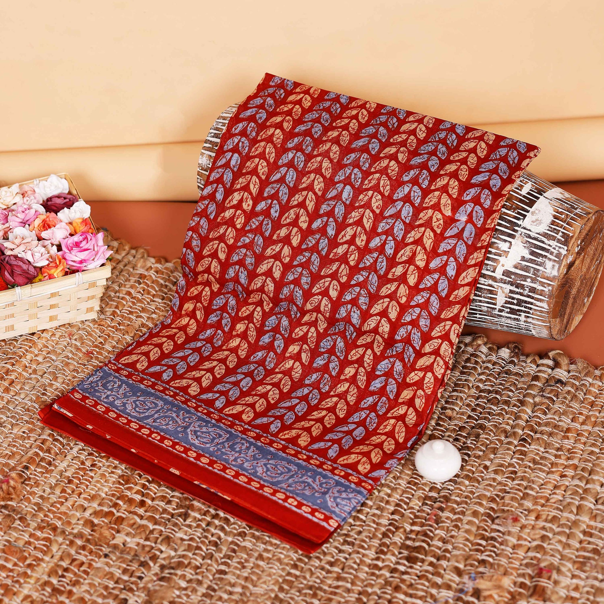 Graceful Voile Cotton Saree with Intricate Leaf Block Print and Elegant Border Design  - Multi