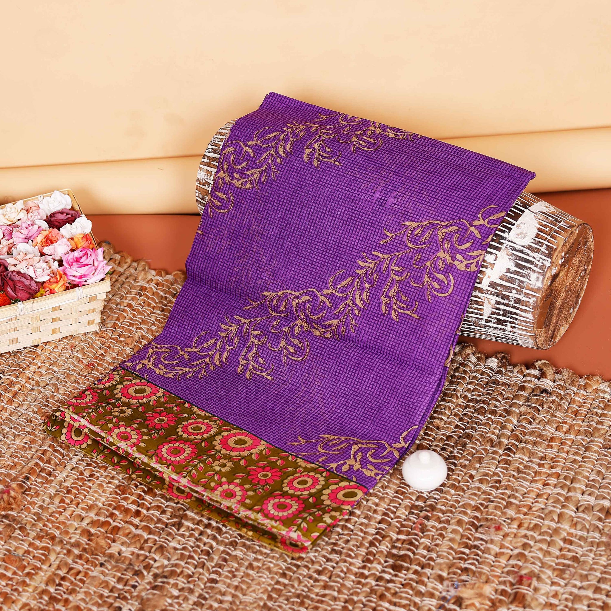 Graceful Printed Voile Cotton Saree with Intricate Floral Border and Pallu Design - Purple