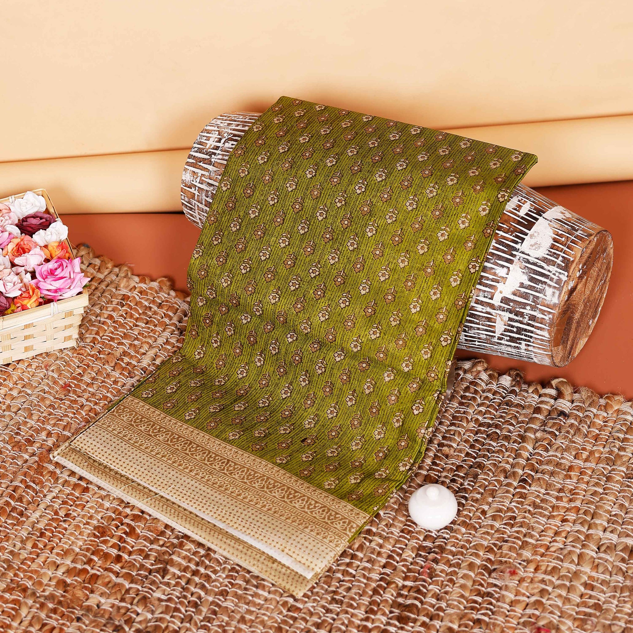 Graceful Voile Cotton Saree with Intricate Floral Motifs and Zari Border - Green