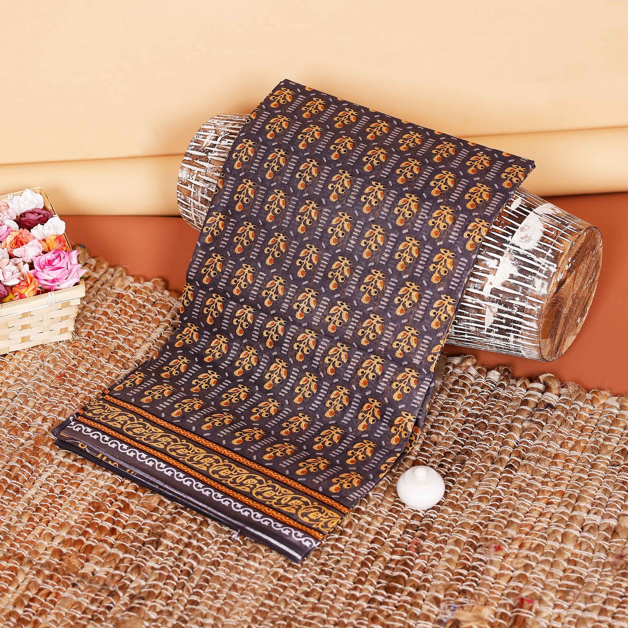 Graceful Voile Cotton Hand Block Printed Saree with Intricate Border Design - Dark Grey