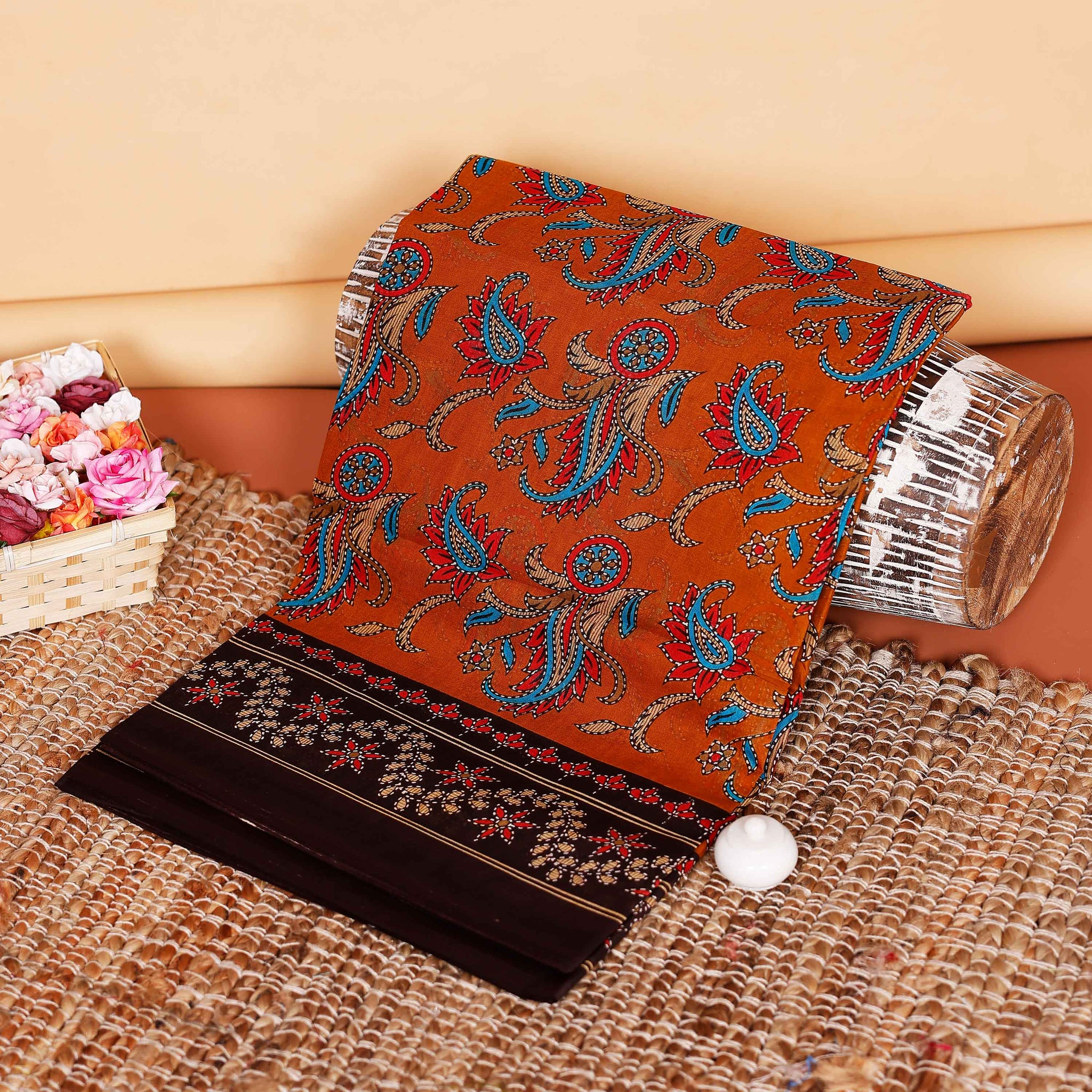 Graceful Voile Cotton Saree with Intricate Paisley and Floral Border Design - Orange