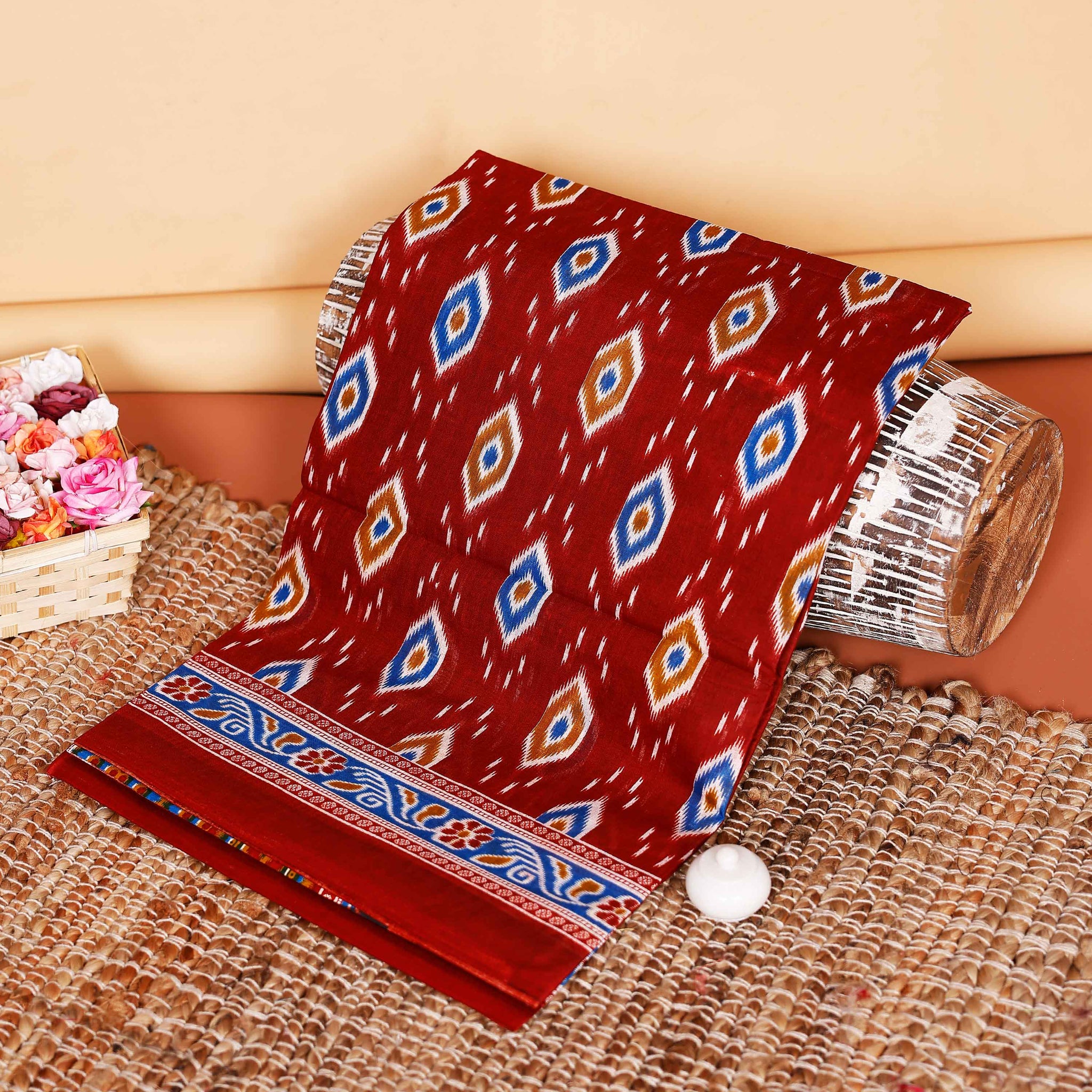 Graceful Handloom Ikat Printed Voile Cotton Saree with Traditional Border Design - Maroon