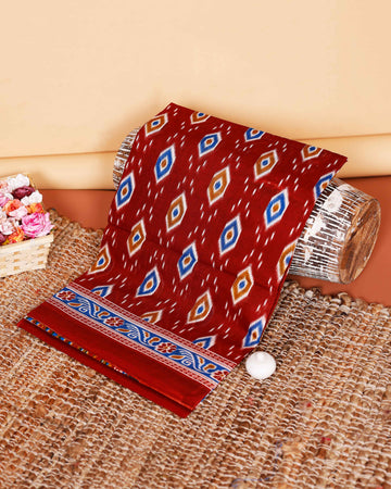 Graceful Handloom Ikat Printed Voile Cotton Saree with Traditional Border Design - Maroon