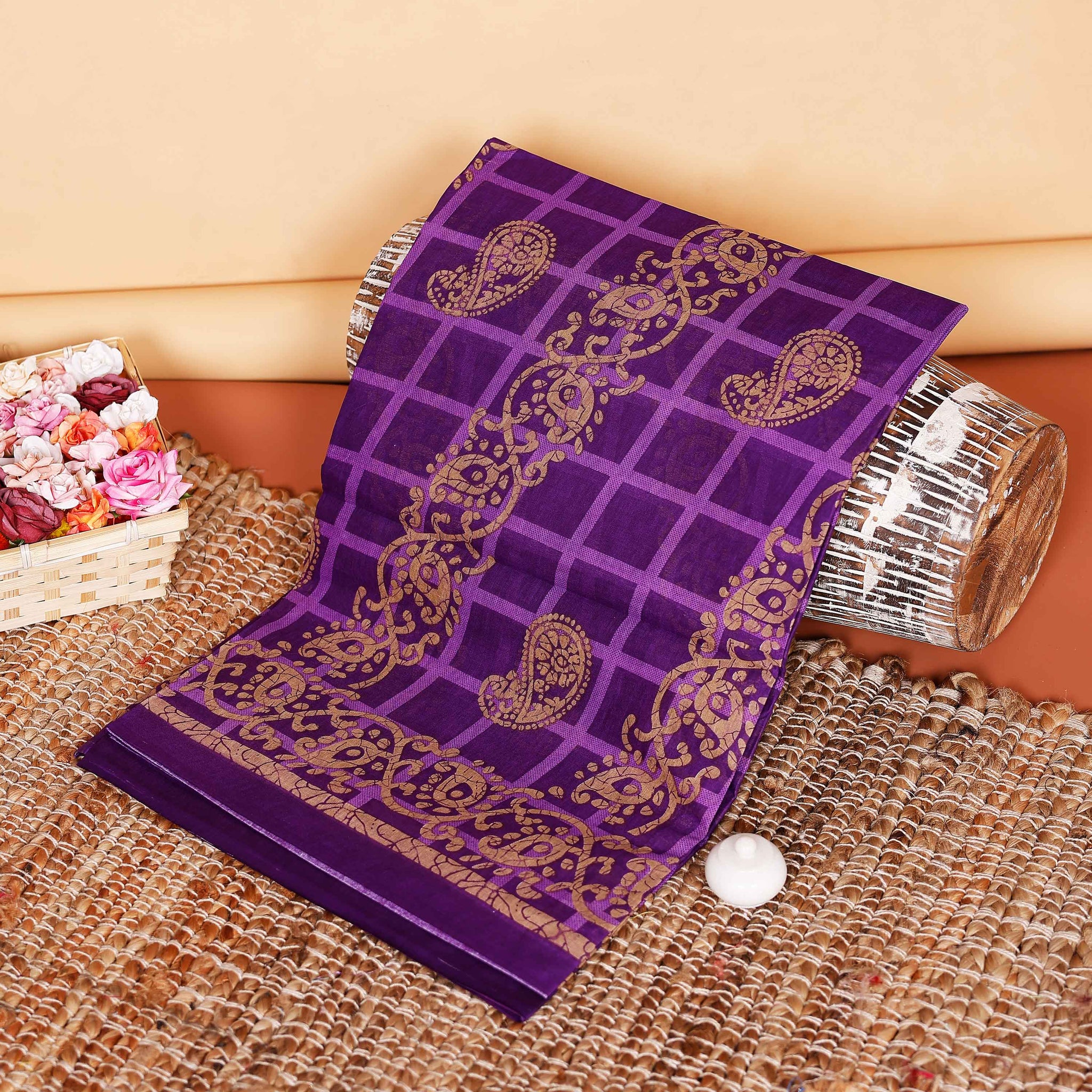 Graceful Voile Cotton Saree with Paisley and Checked Pattern - Purple
