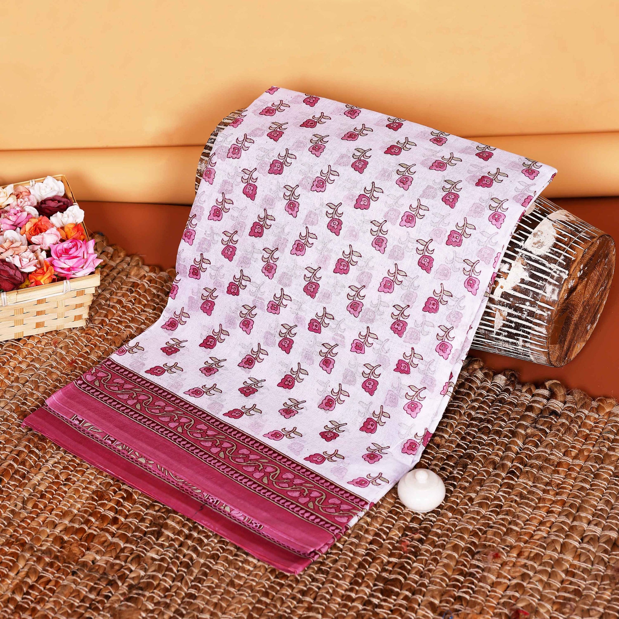 Graceful Hand Block Printed Voile Cotton Fabric with Floral Motifs and Border - White