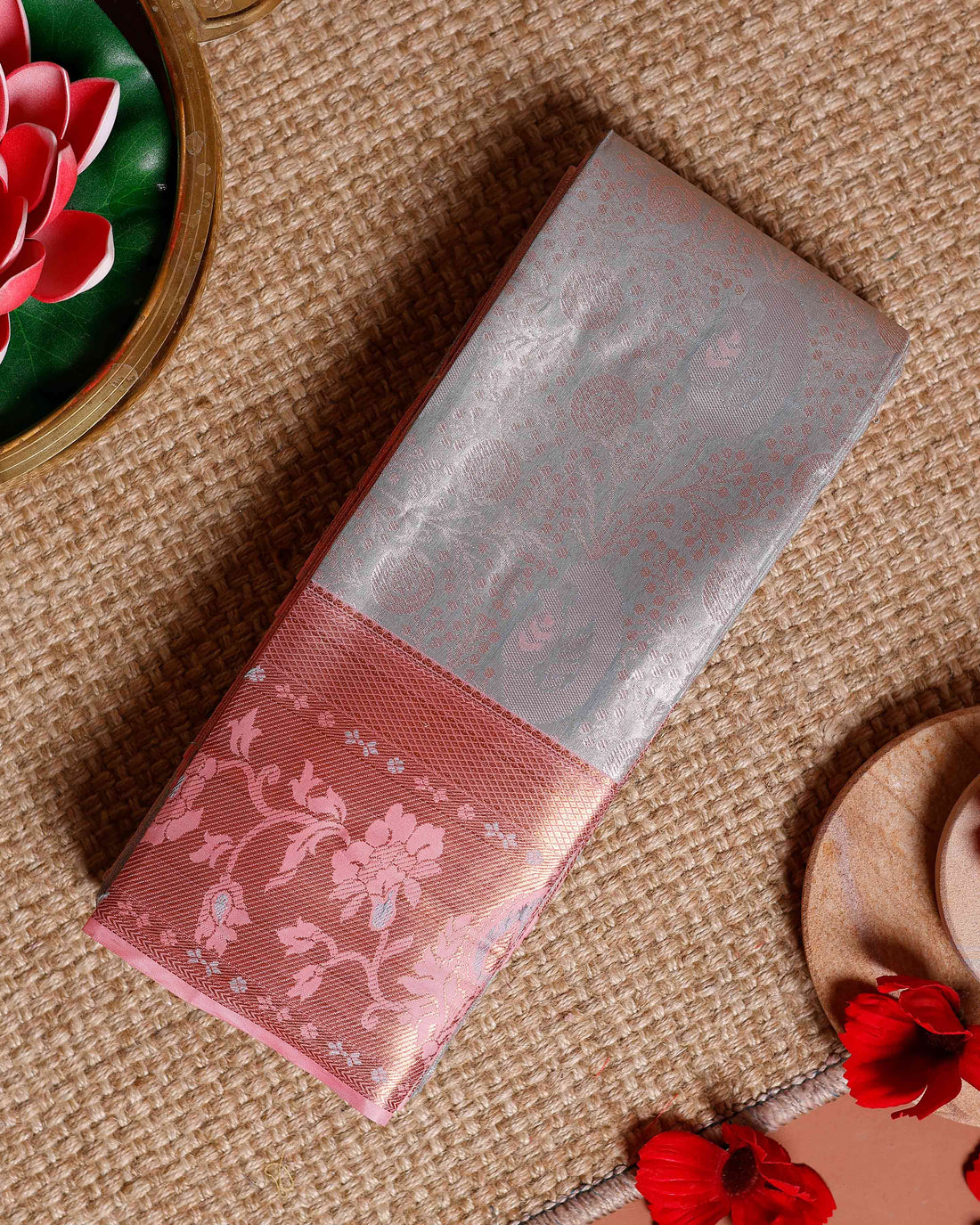 Classic Niranjana Silk Saree with Paisley Brocade Weaving and Elegant Floral Zari Border - Grey