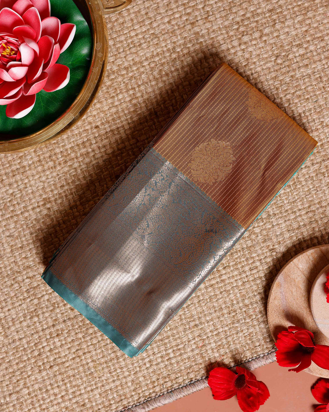 Elegant Niranjana Silk Saree with Striped Body, Zari Buttas and Elegant Contrast Border - Gold