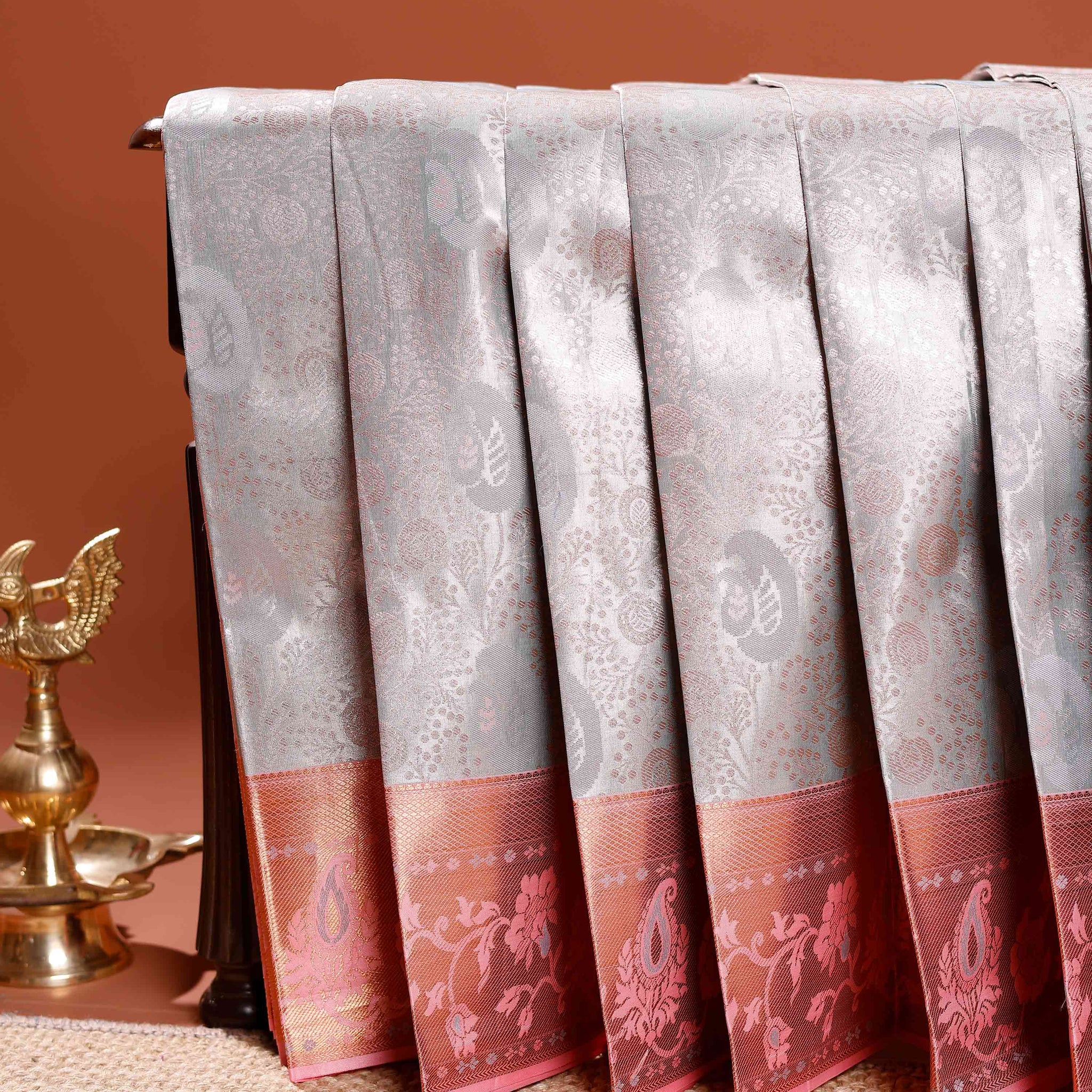 Classic Niranjana Silk Saree with Paisley Brocade Weaving and Elegant Floral Zari Border - Grey