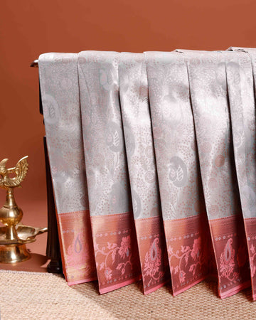 Classic Niranjana Silk Saree with Paisley Brocade Weaving and Elegant Floral Zari Border - Grey